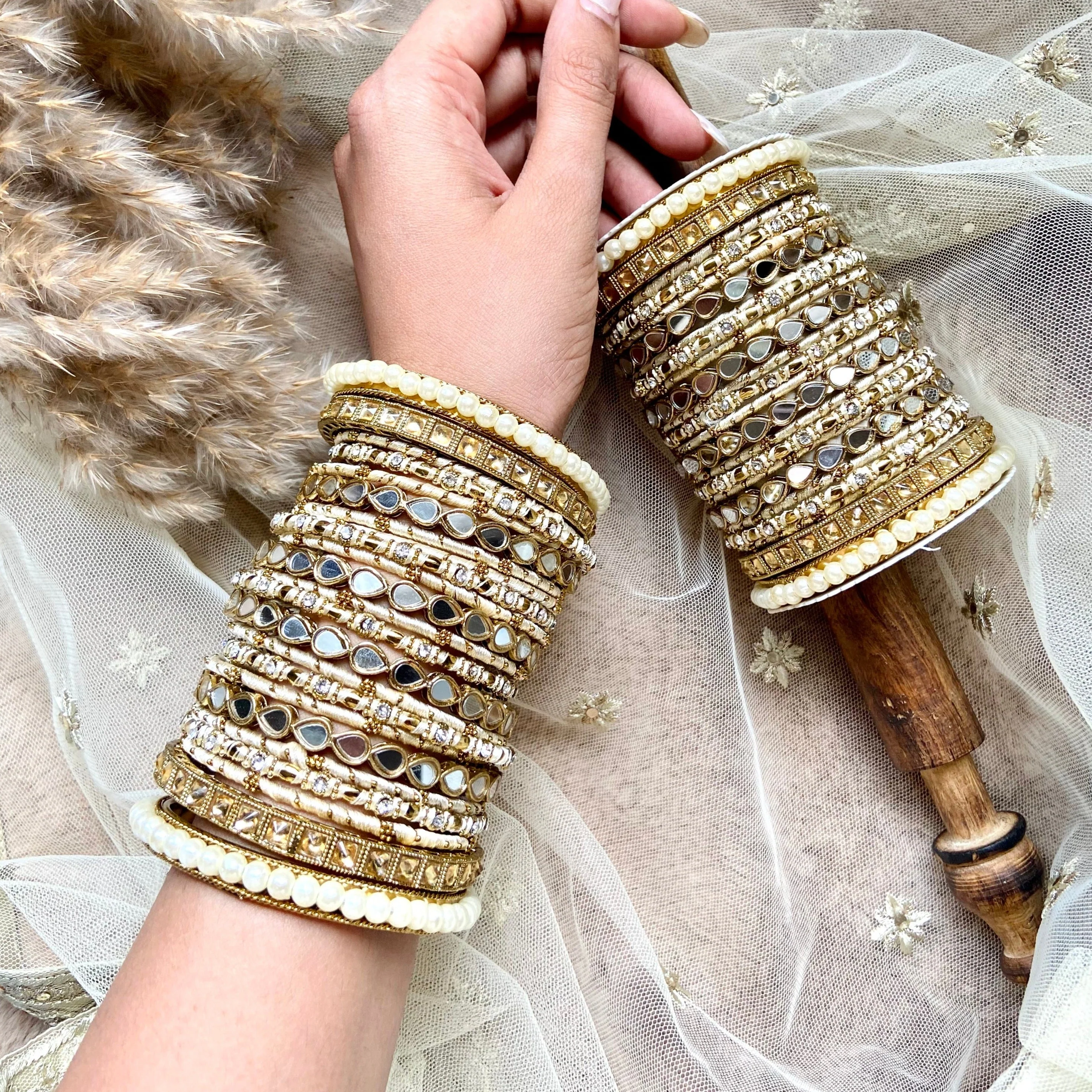 Bangle Set with Drop Mirror Kada and Pearl by Leshya - Image 3