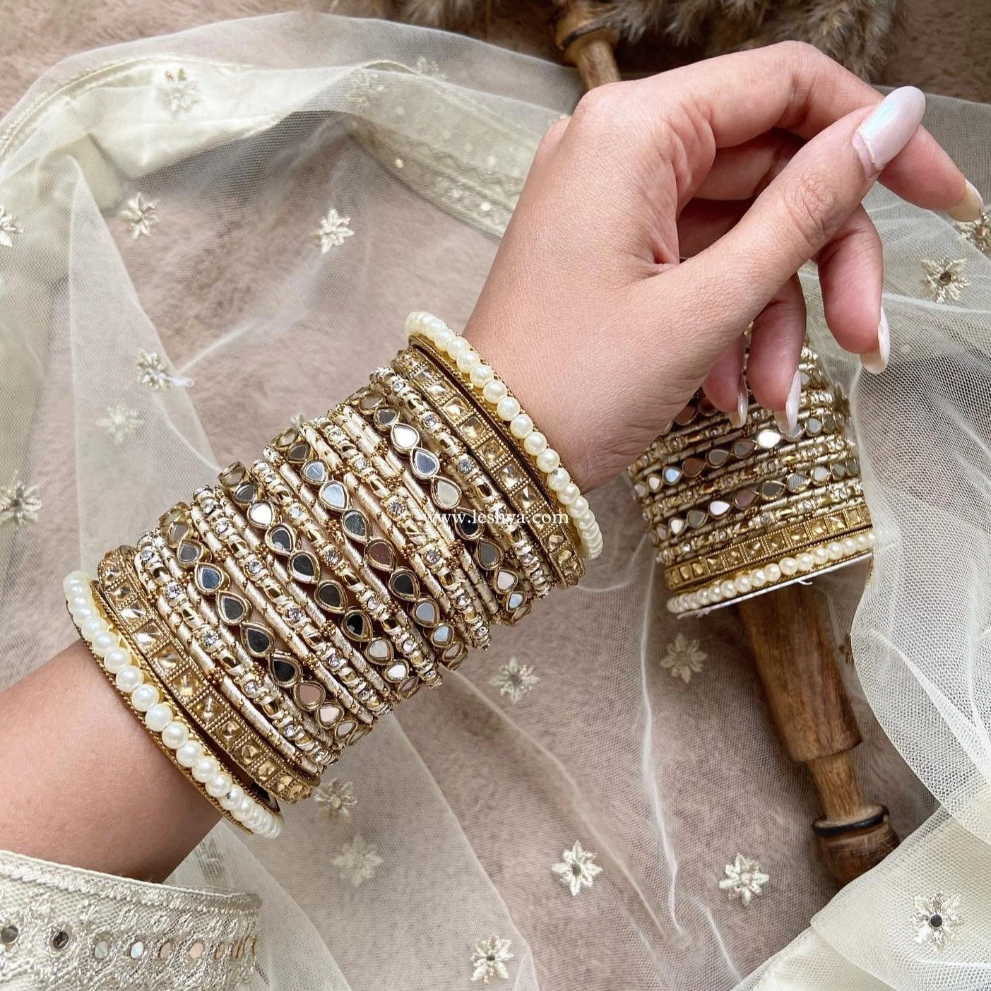 Bangle Set with Drop Mirror Kada and Pearl by Leshya - Image 3