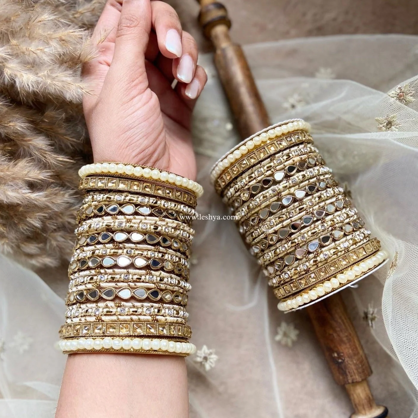 Bangle Set with Drop Mirror Kada and Pearl by Leshya - Image 5