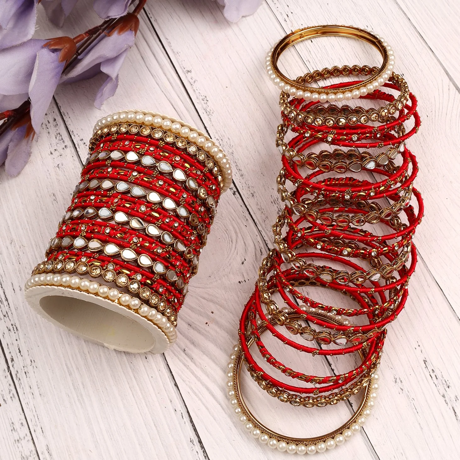 Bangle Set with Drop Mirror Kada and Pearl by Leshya - Image 7