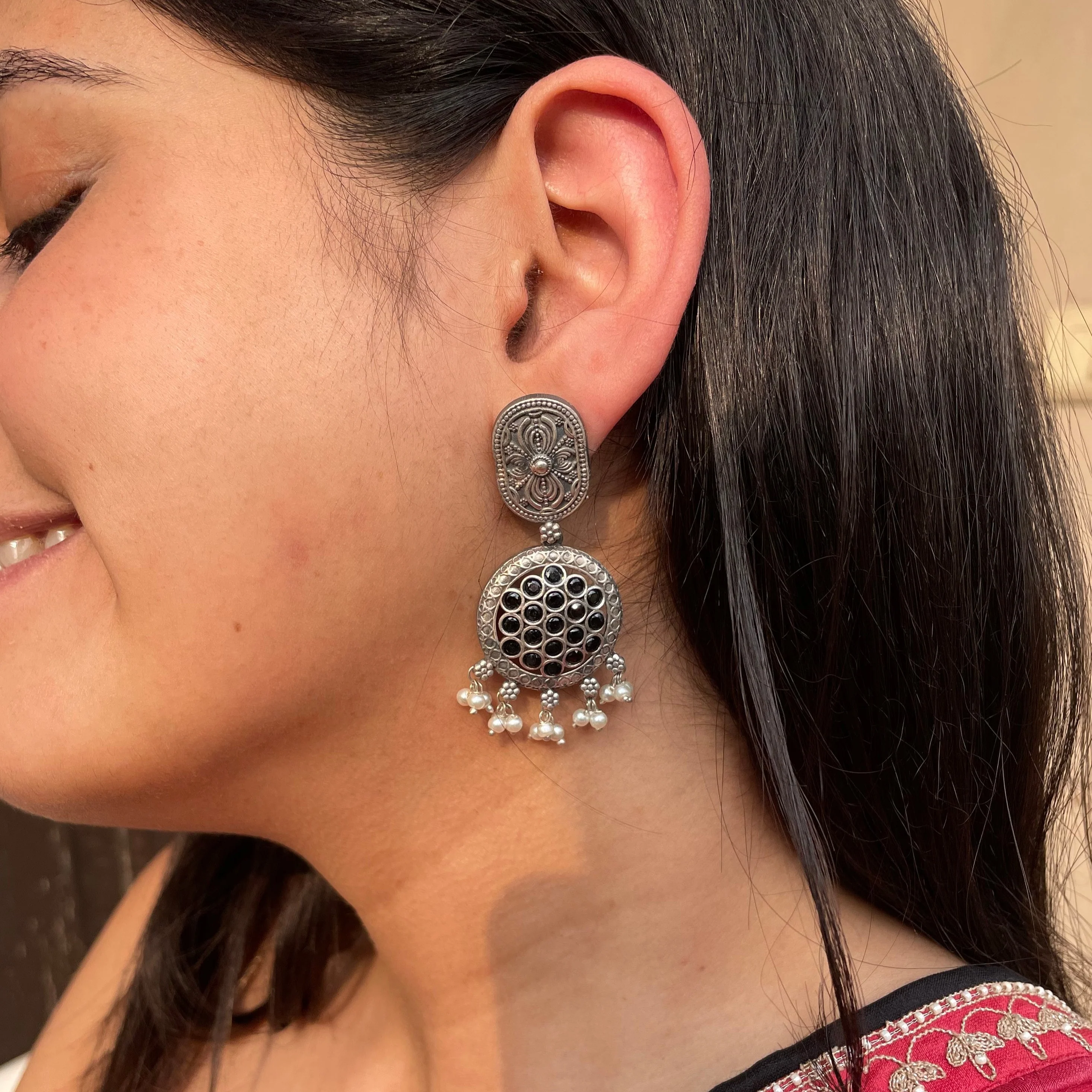 Beautiful Oxidized Silver Earring with Black Stones - Image 3