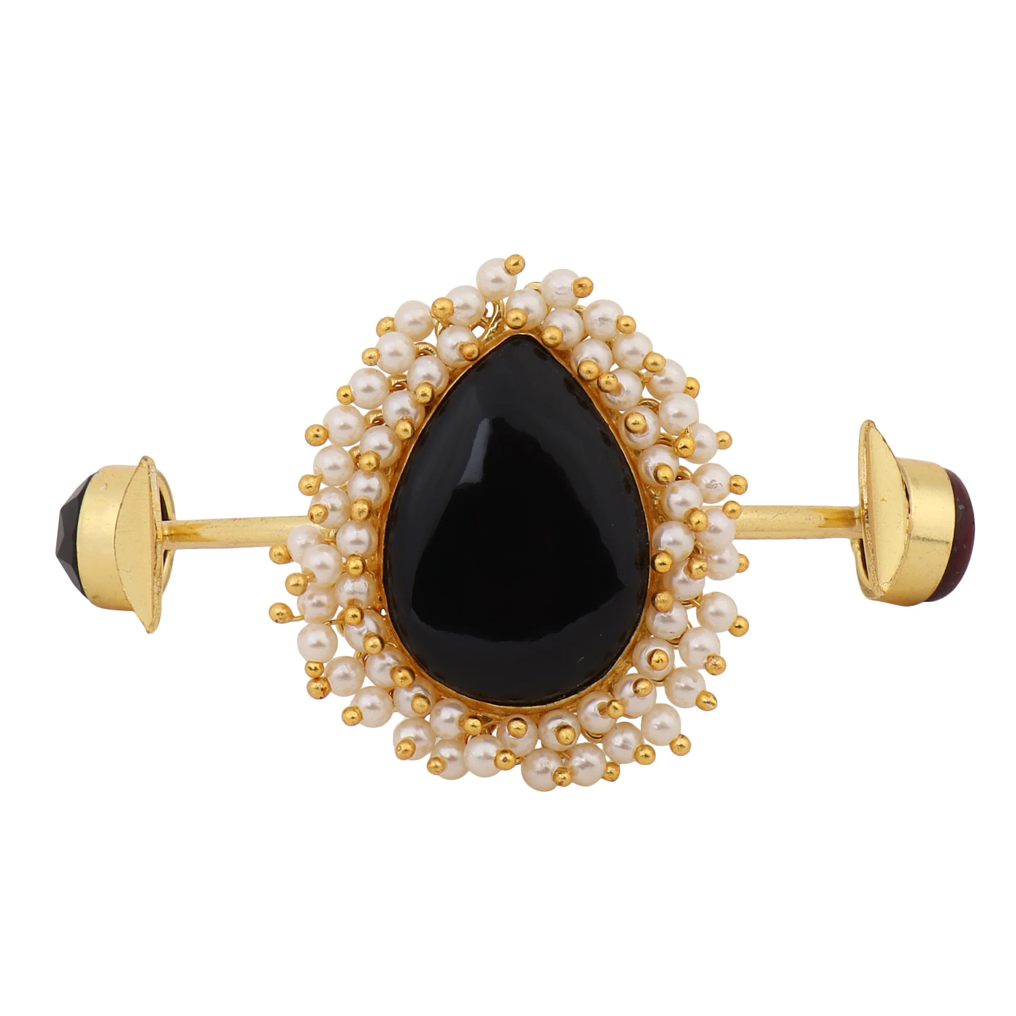 Black Stone Gajra Bracelet with Matte Golden Finish - Image 4