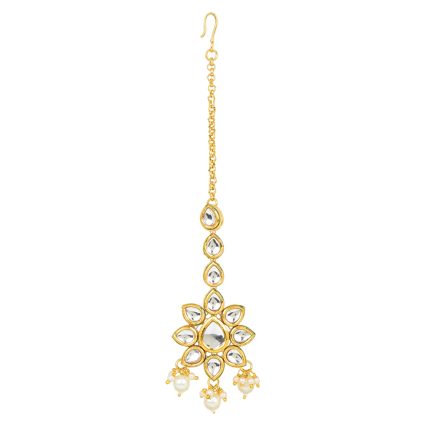 Bridal 3 Line Kundan necklace with Beaded Border and Earring Maang Tikka by Leshya - Image 3