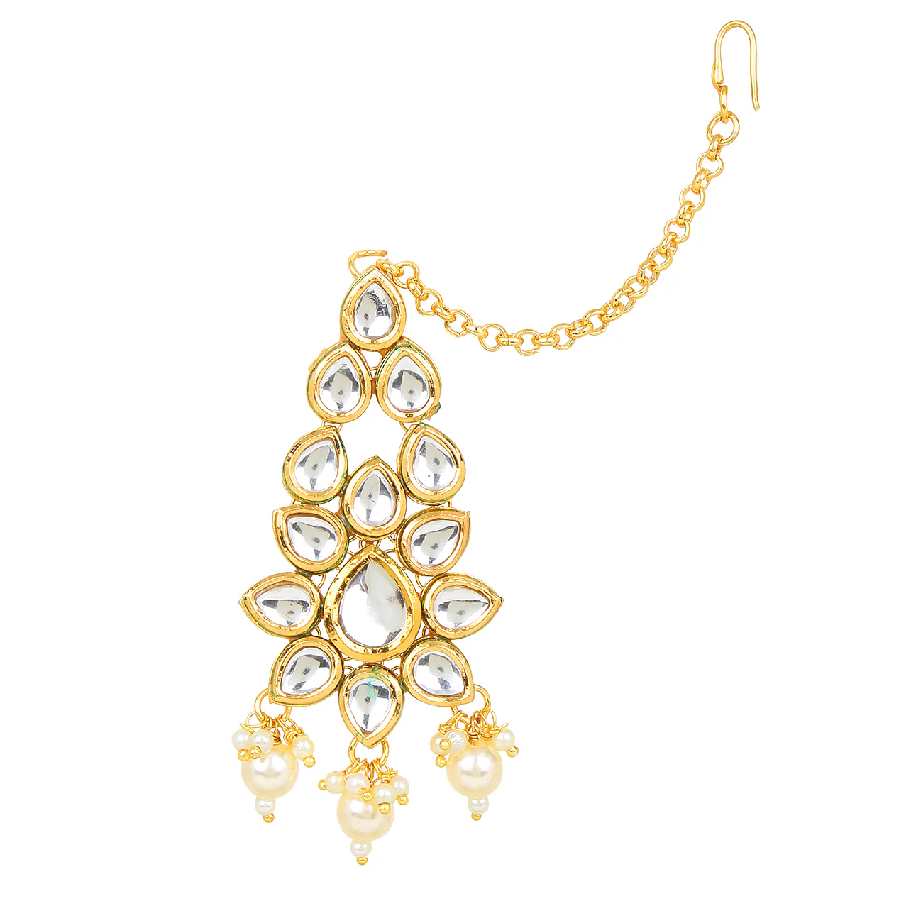 Bridal 3 Line Kundan necklace with Beaded Border and Earring Maang Tikka by Leshya - Image 5