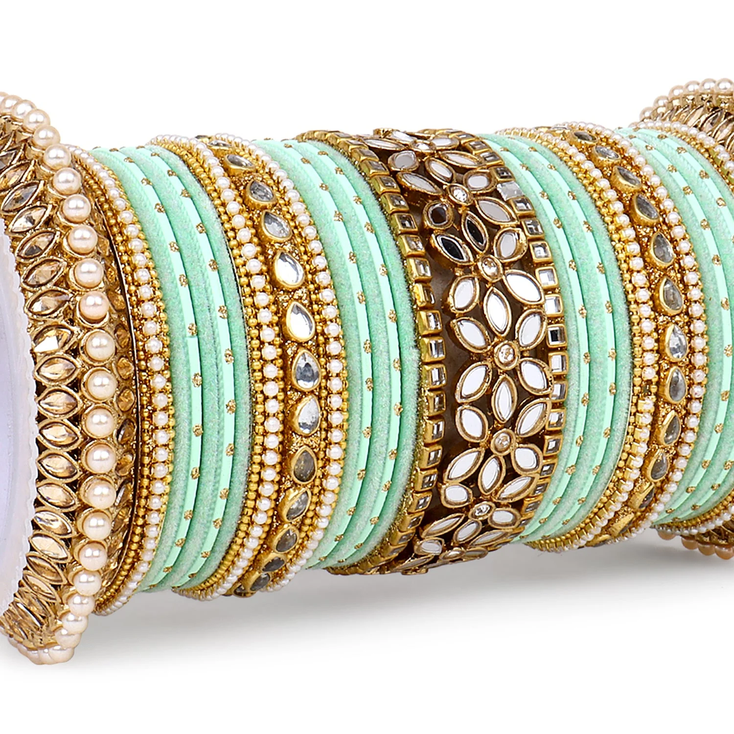 Bridal Bangle Set with Flower Mirror Kada and Pacheli by Leshya - Image 17
