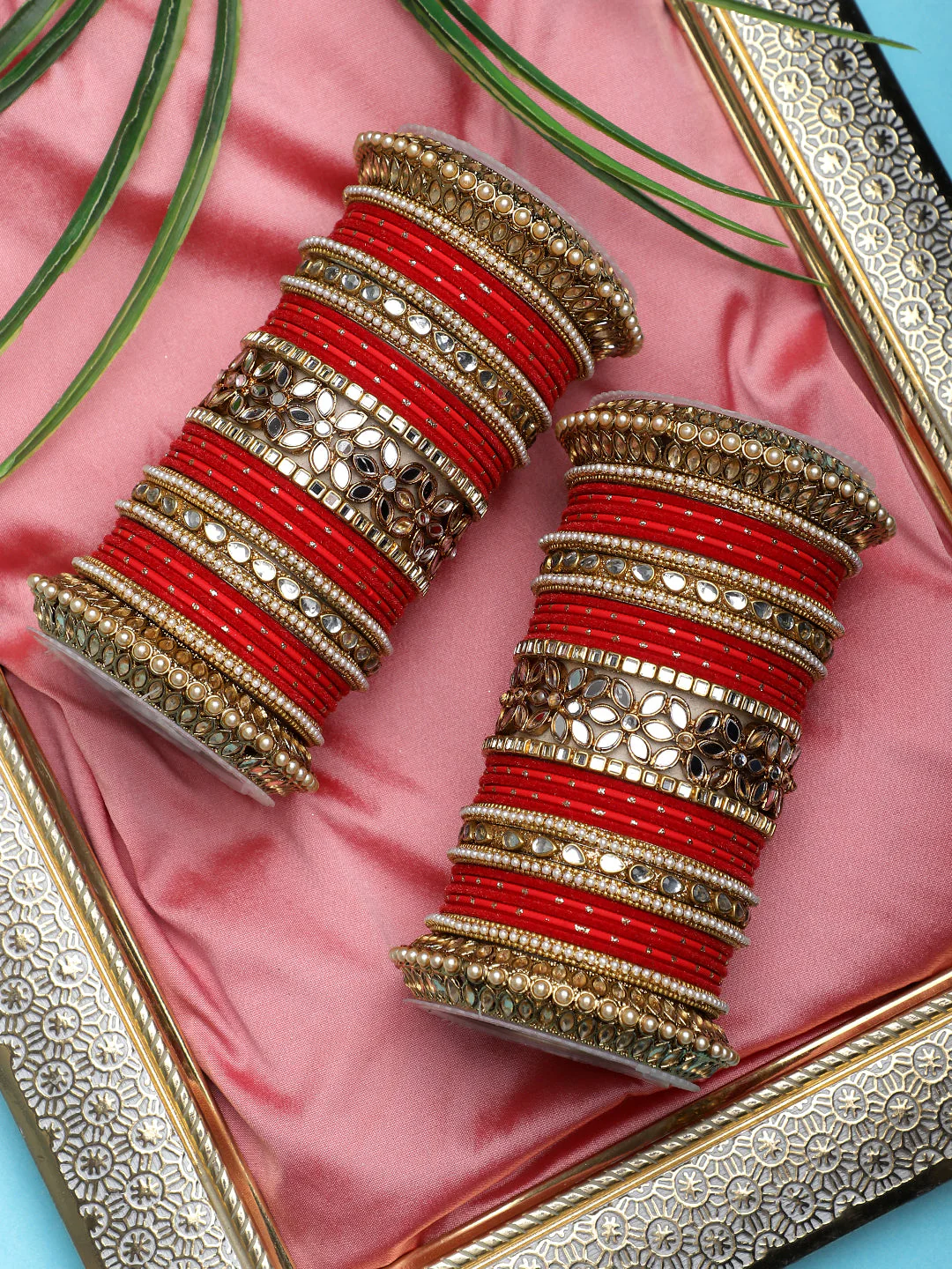 Bridal Bangle Set with Flower Mirror Kada and Pacheli by Leshya - Image 3