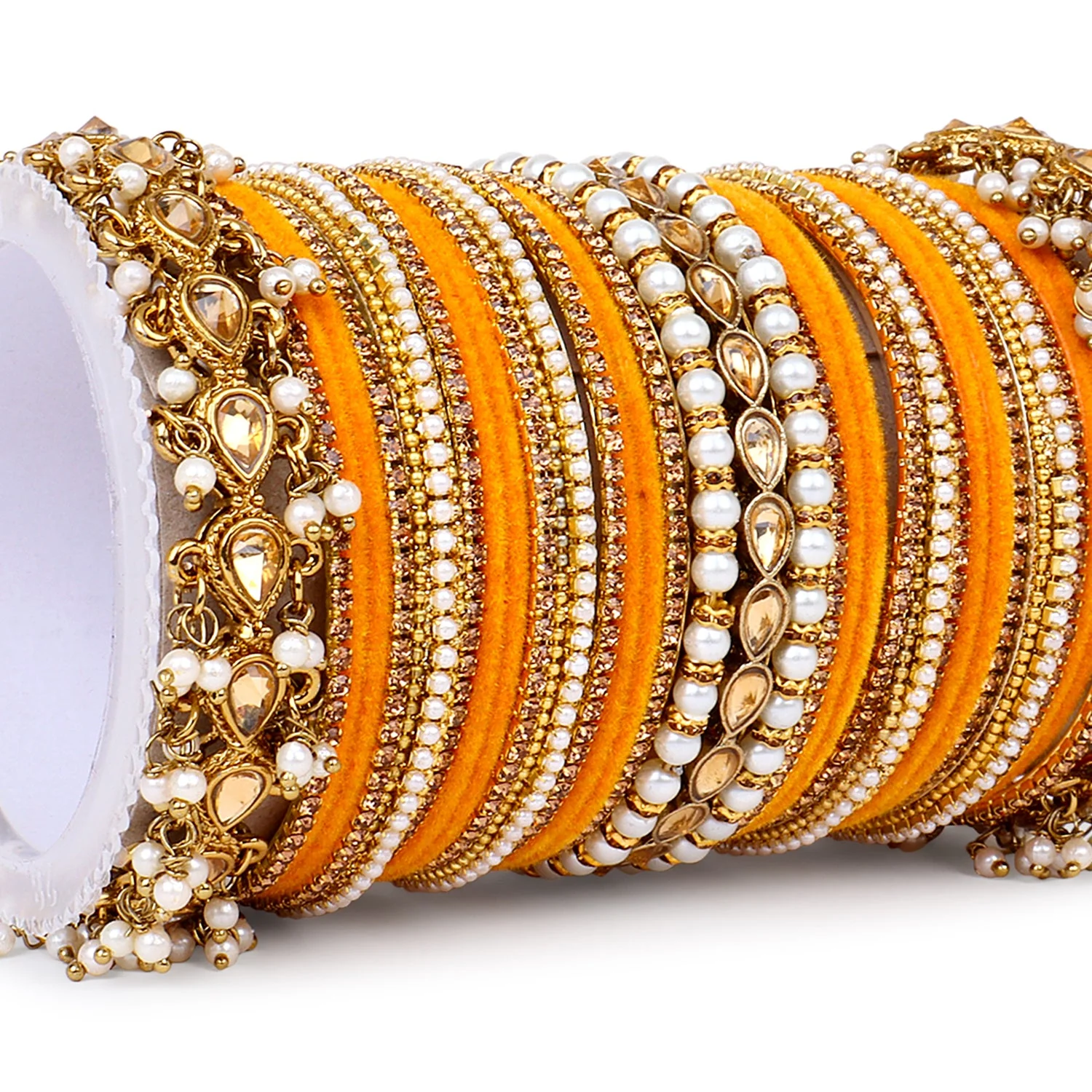 Bridal Bangle set with Pearl and Kundan and Velvet Bangles - Image 7