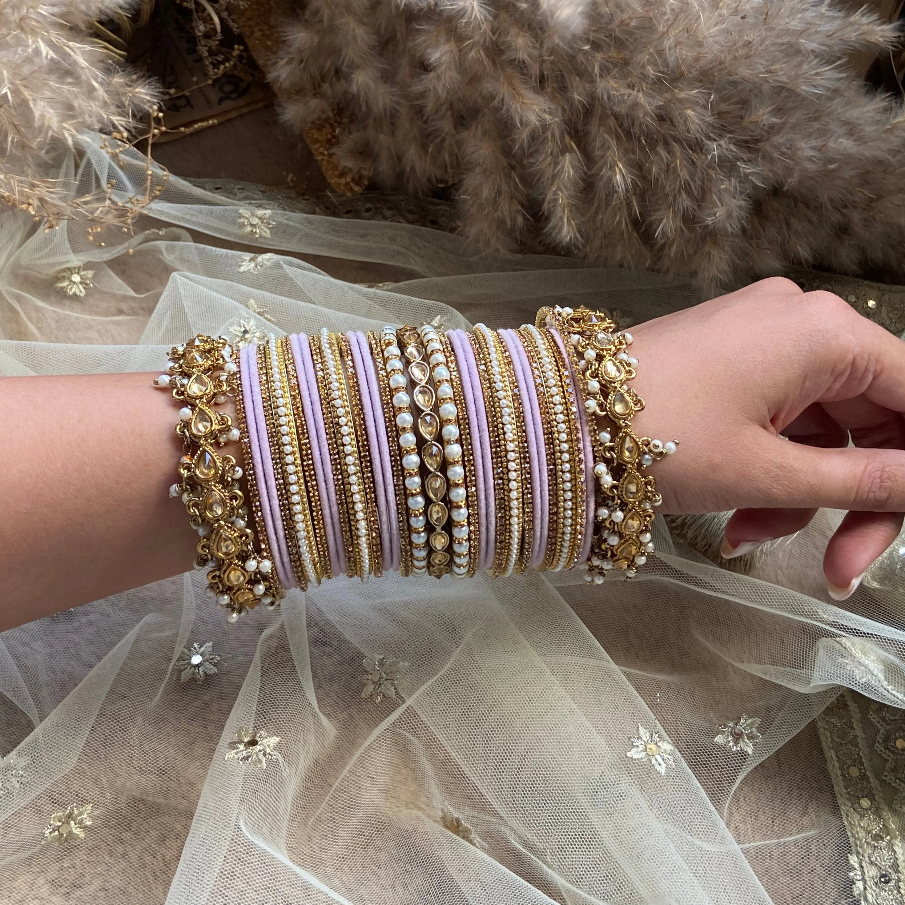 Bridal Bangle set with Pearl and Kundan and Velvet Bangles - Image 2