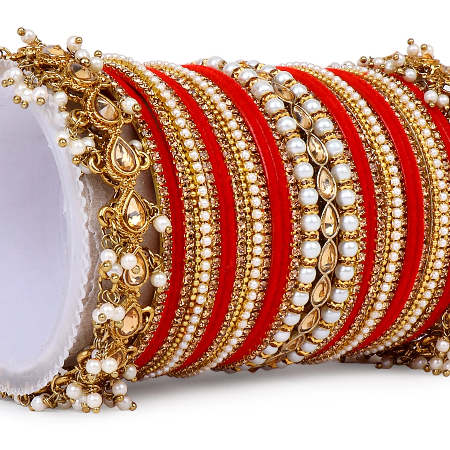 Bridal Bangle set with Pearl and Kundan and Velvet Bangles - Image 15