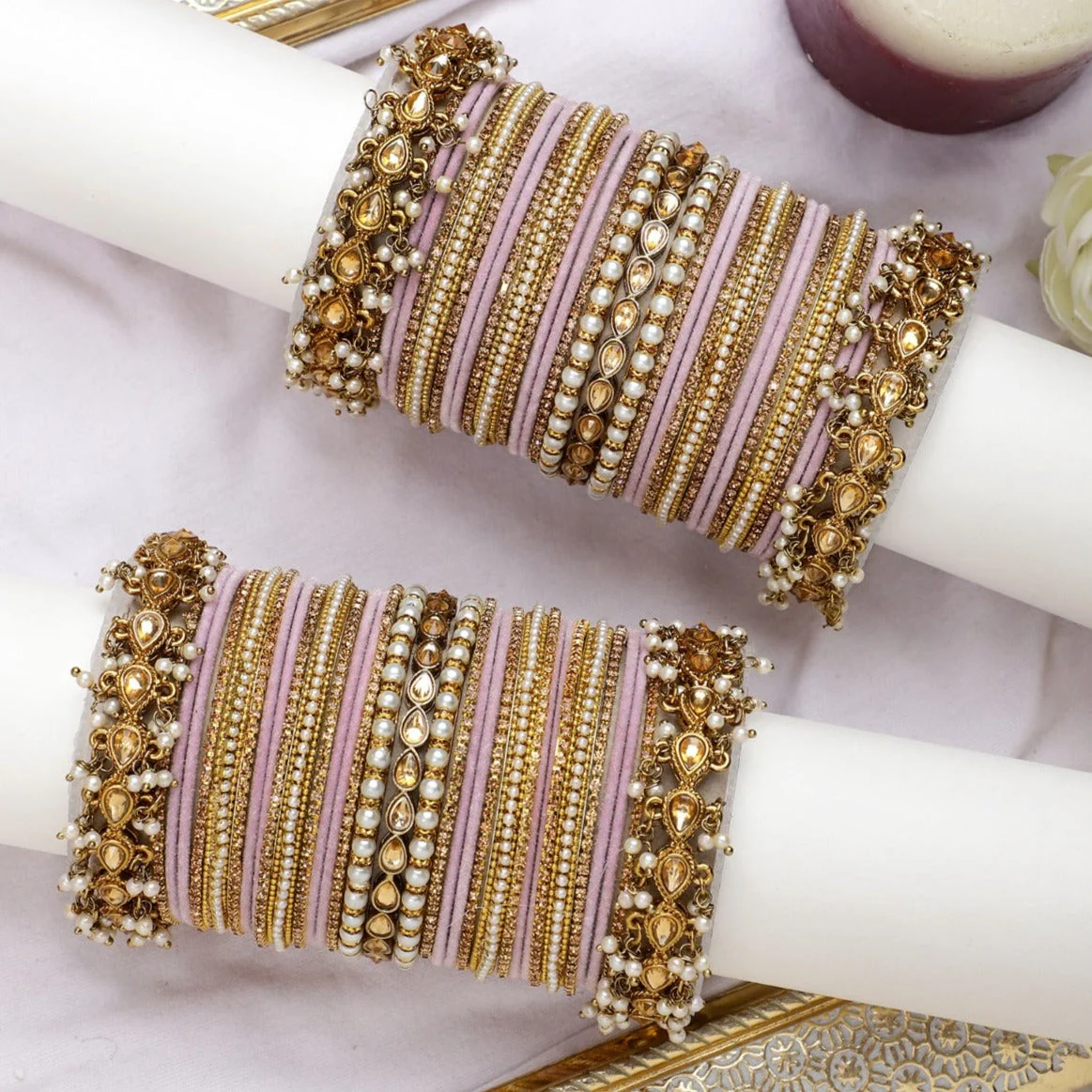Bridal Bangle set with Pearl and Kundan and Velvet Bangles - Image 3