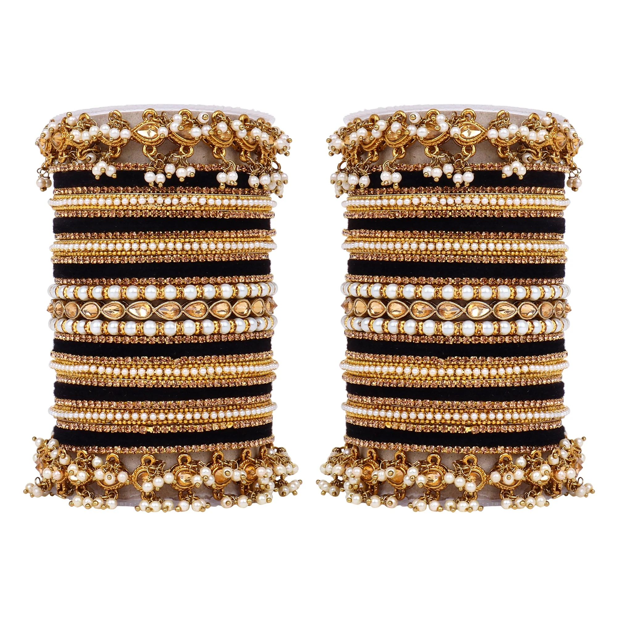 Bridal Bangle set with Pearl and Kundan and Velvet Bangles - Image 6