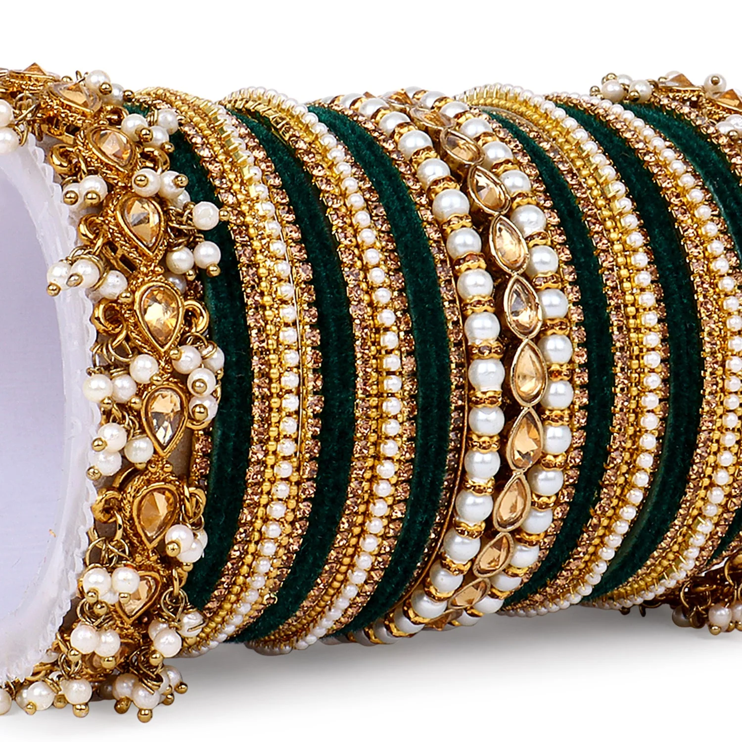 Bridal Bangle set with Pearl and Kundan and Velvet Bangles - Image 9