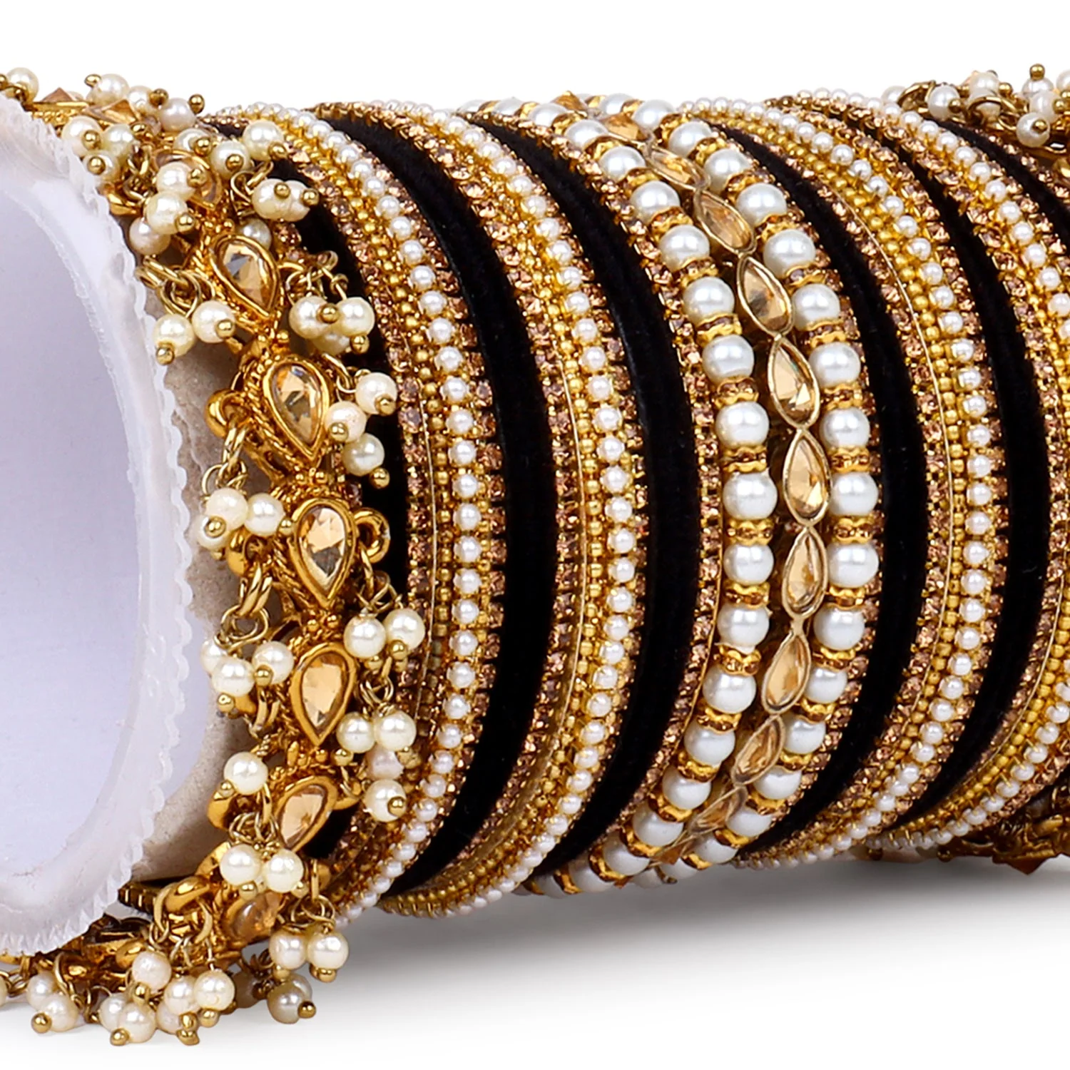 Bridal Bangle set with Pearl and Kundan and Velvet Bangles - Image 11