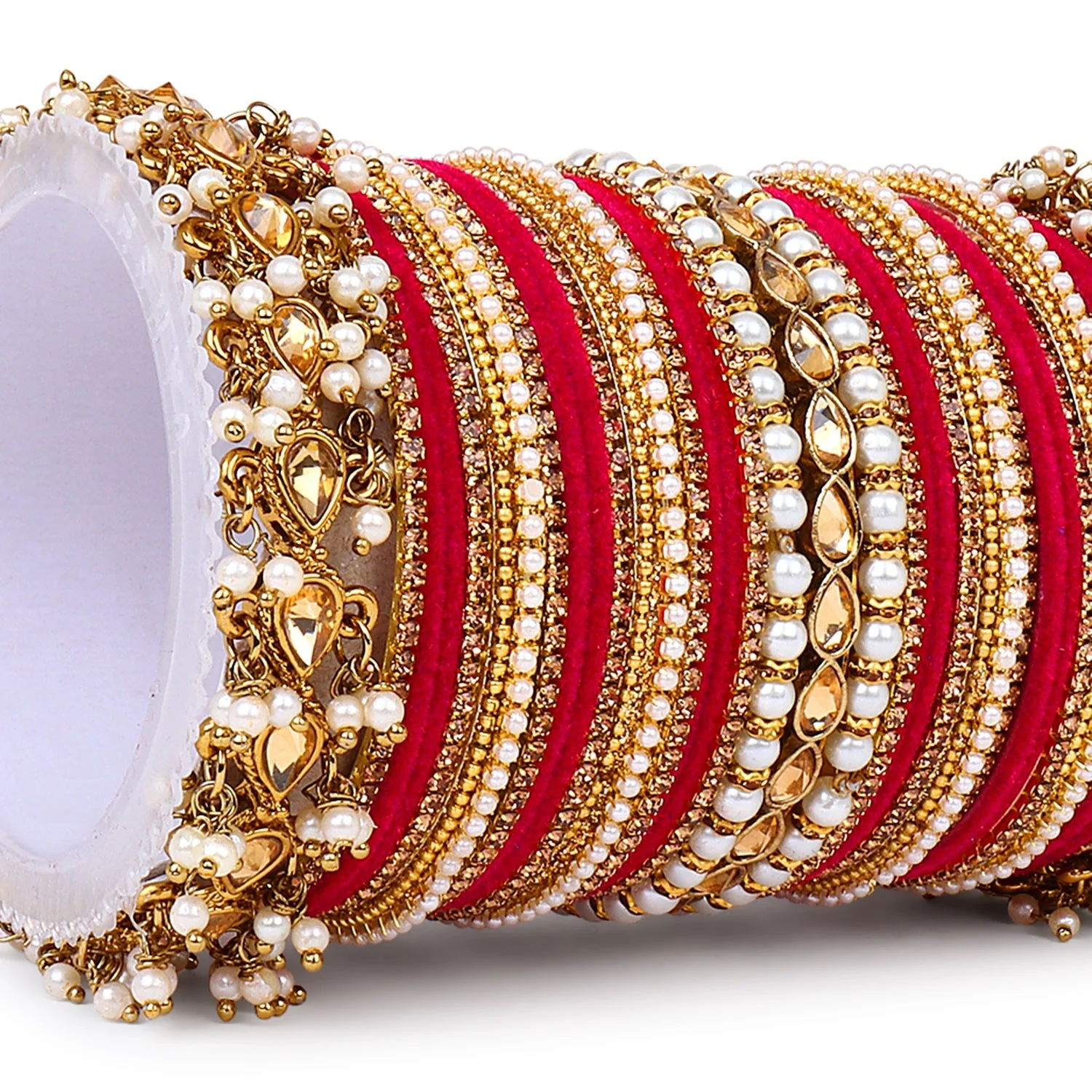 Bridal Bangle set with Pearl and Kundan and Velvet Bangles - Image 6