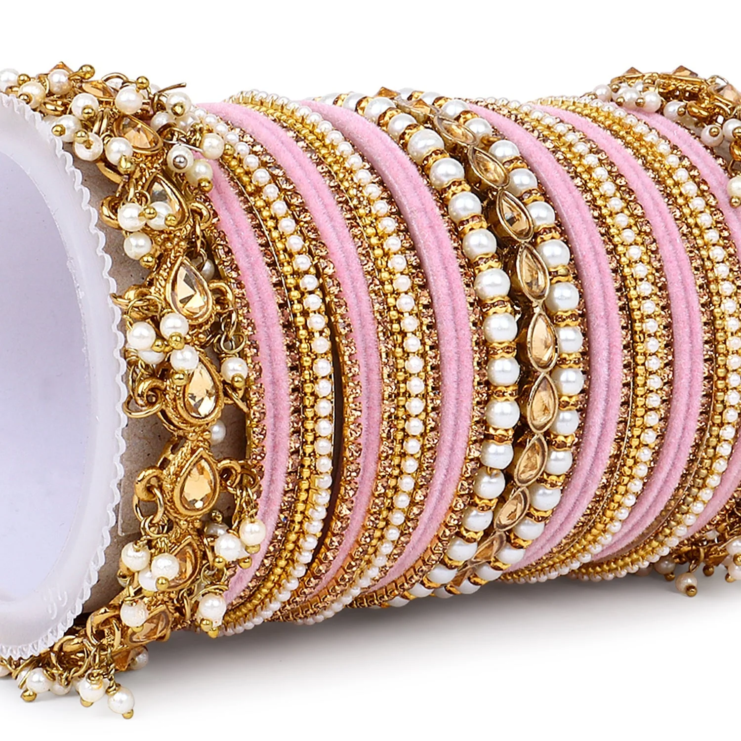 Bridal Bangle set with Pearl and Kundan and Velvet Bangles - Image 7