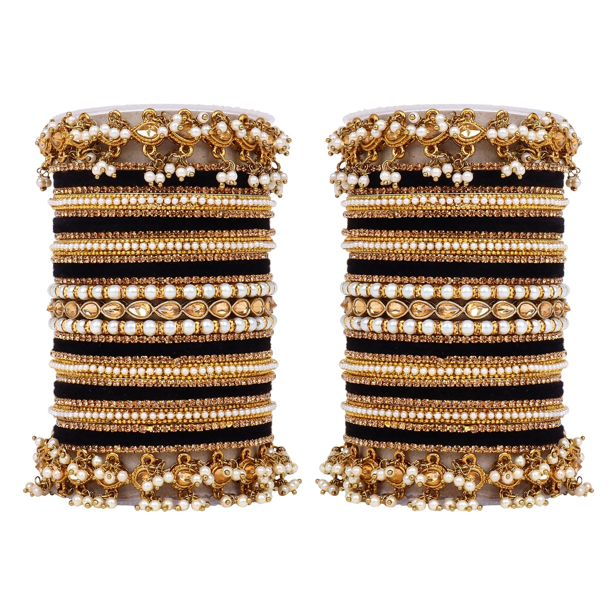 Bridal Bangle set with Pearl and Kundan and Velvet Bangles - Image 8