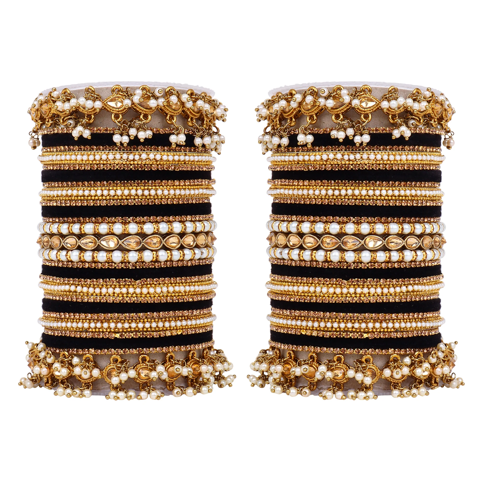 Bridal Bangle set with Pearl and Kundan and Velvet Bangles - Image 5