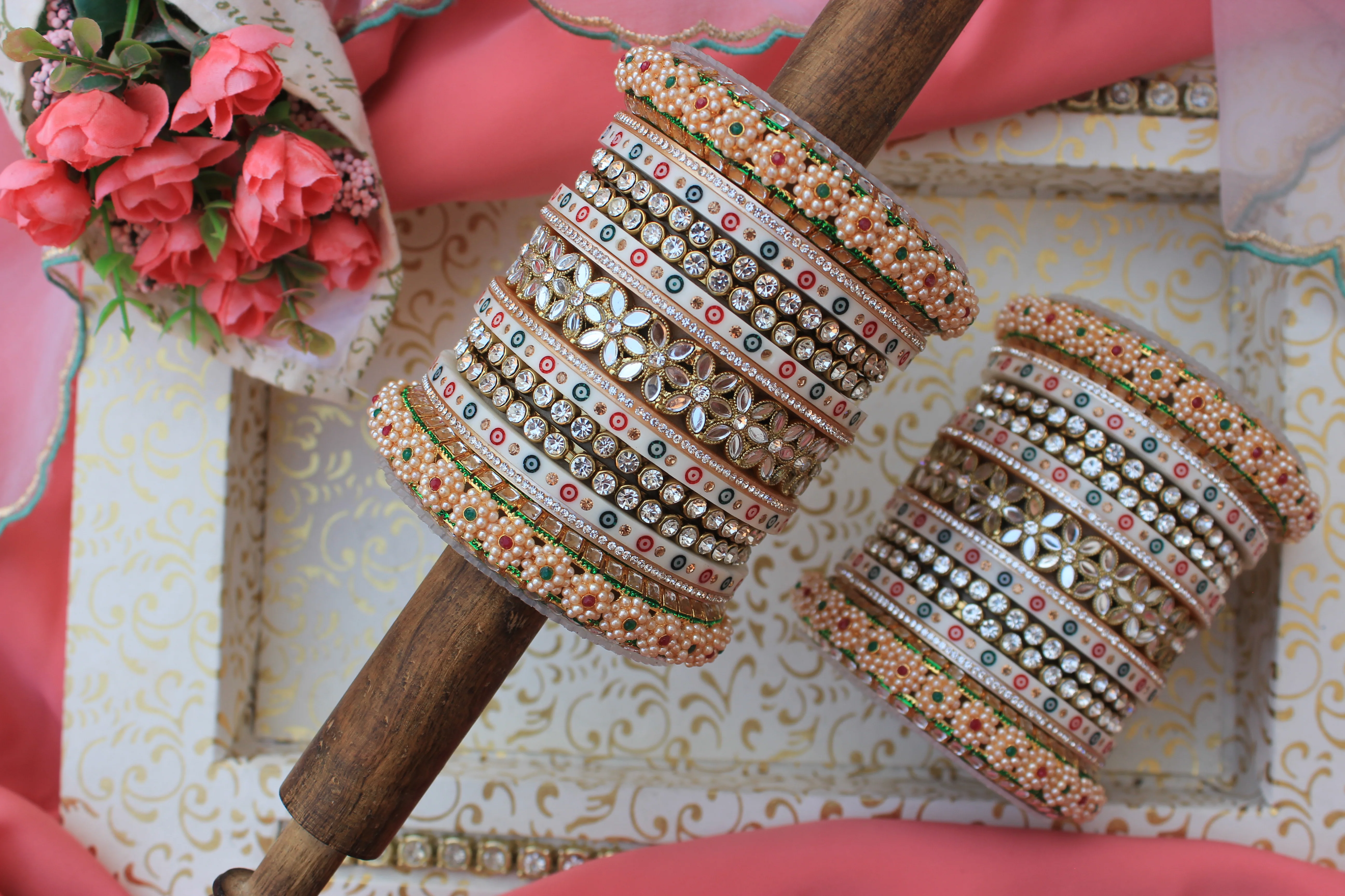 Bridal Chura with Flower Mirror kada and Gajra Kada - Image 3