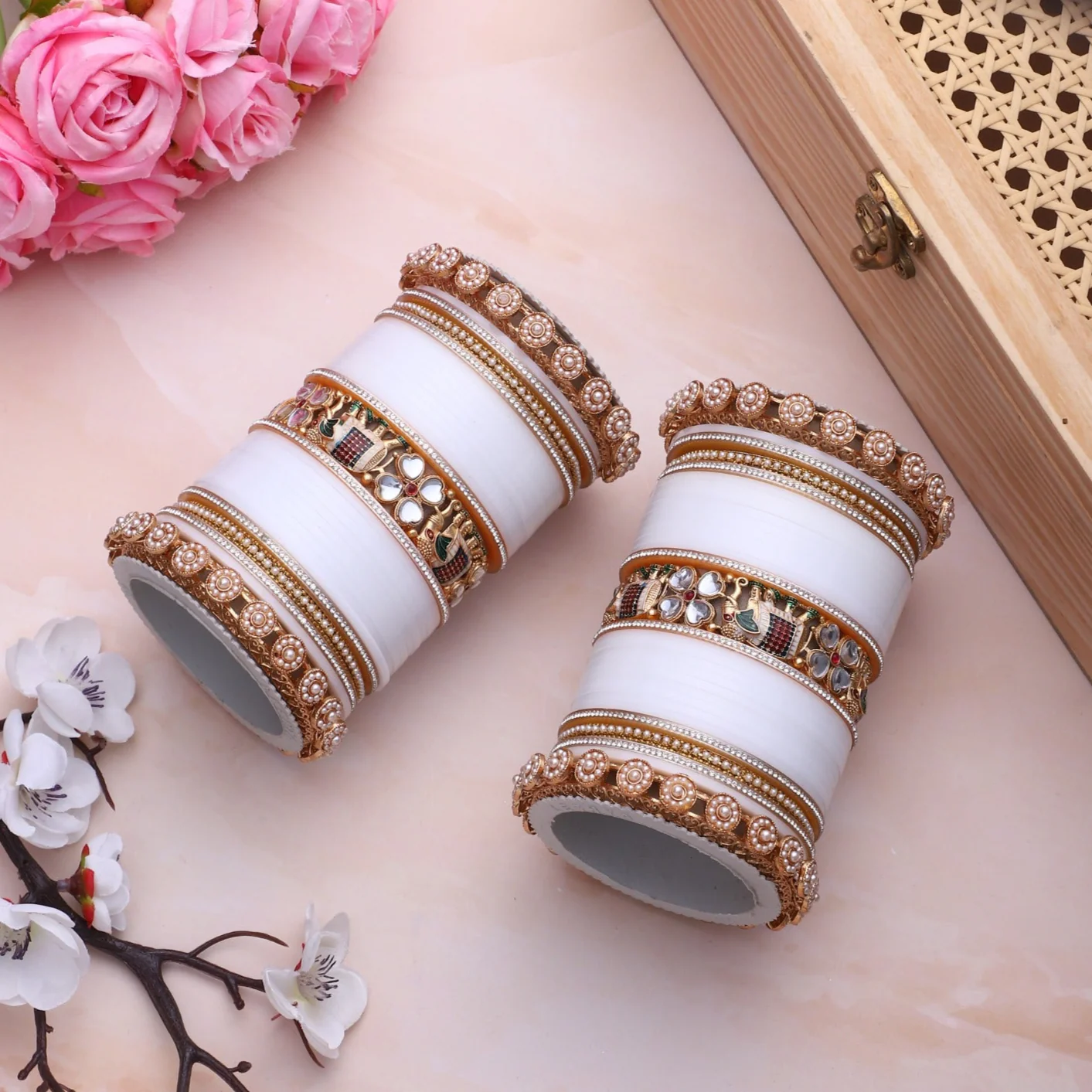 Bridal Chura with Pastel Colours and Kundan Elephant Kada - Image 8