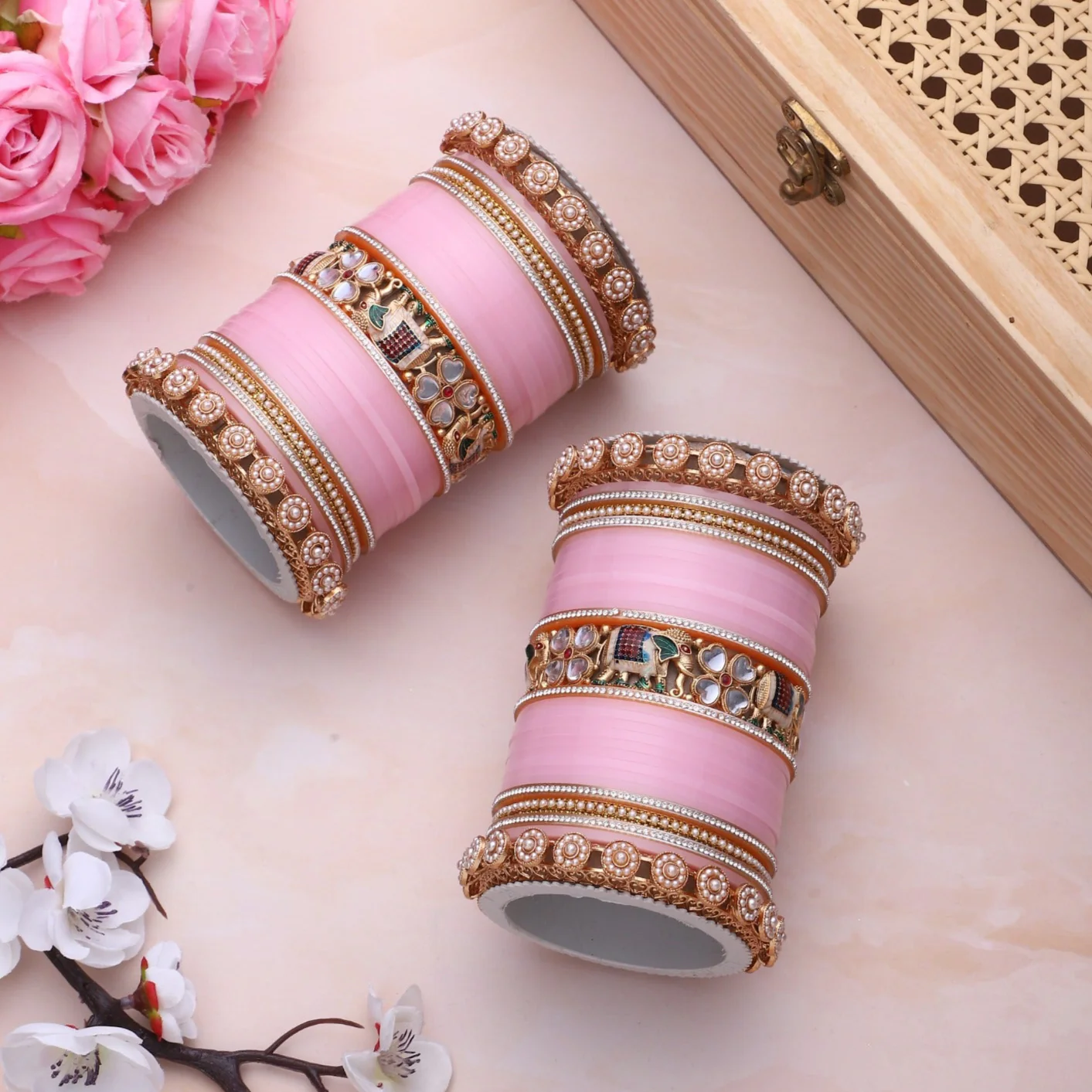 Bridal Chura with Pastel Colours and Kundan Elephant Kada - Image 4