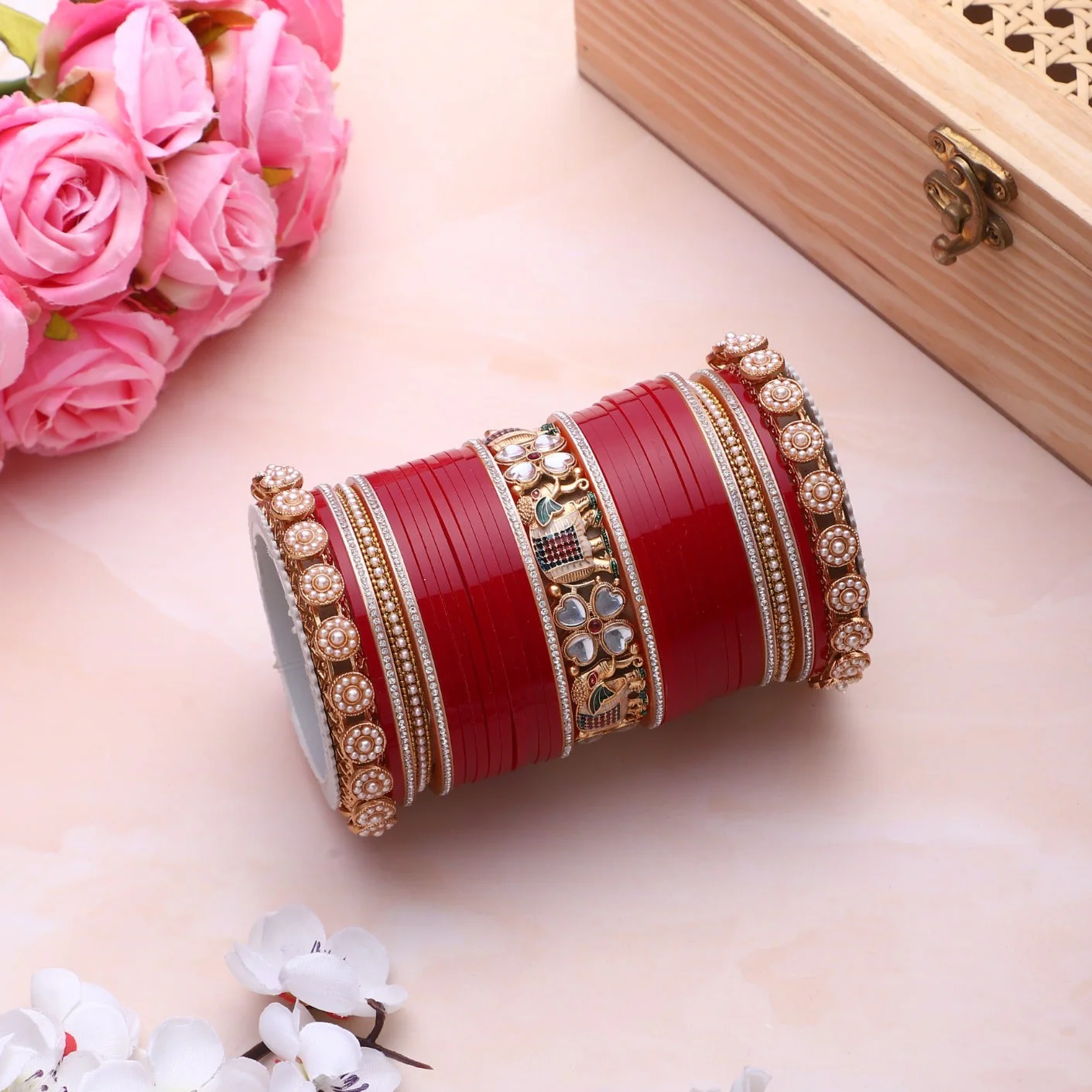 Bridal Chura with Pastel Colours and Kundan Elephant Kada - Image 2