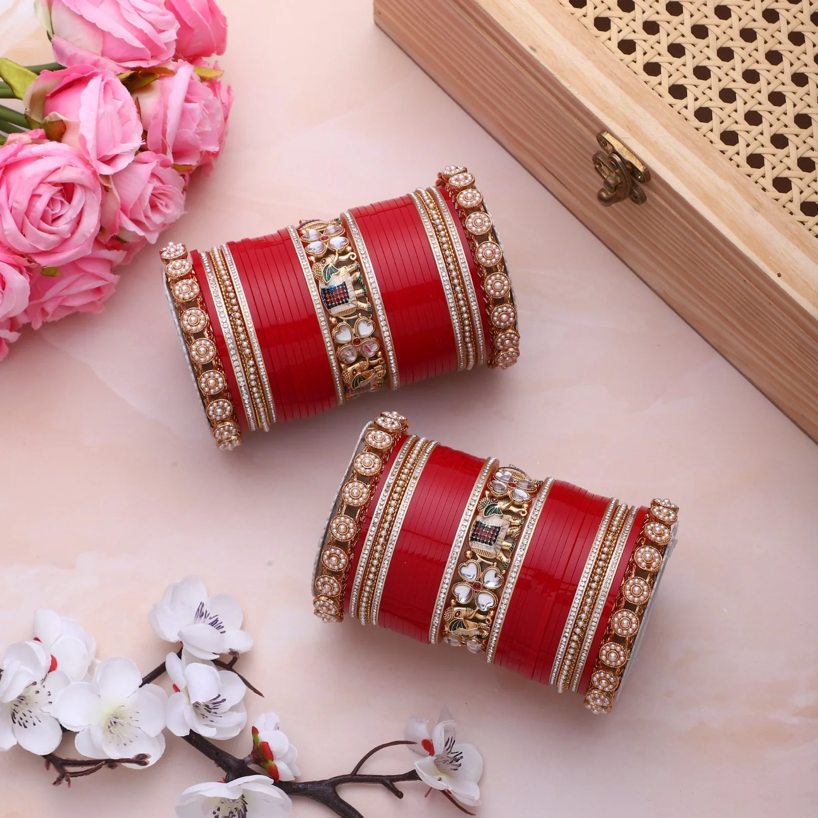 Bridal Chura with Pastel Colours and Kundan Elephant Kada - Image 3