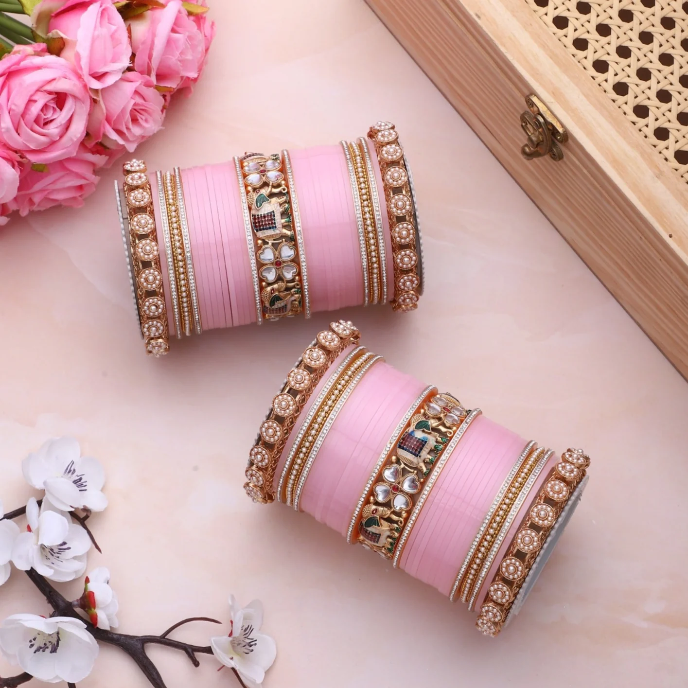 Bridal Chura with Pastel Colours and Kundan Elephant Kada - Image 5