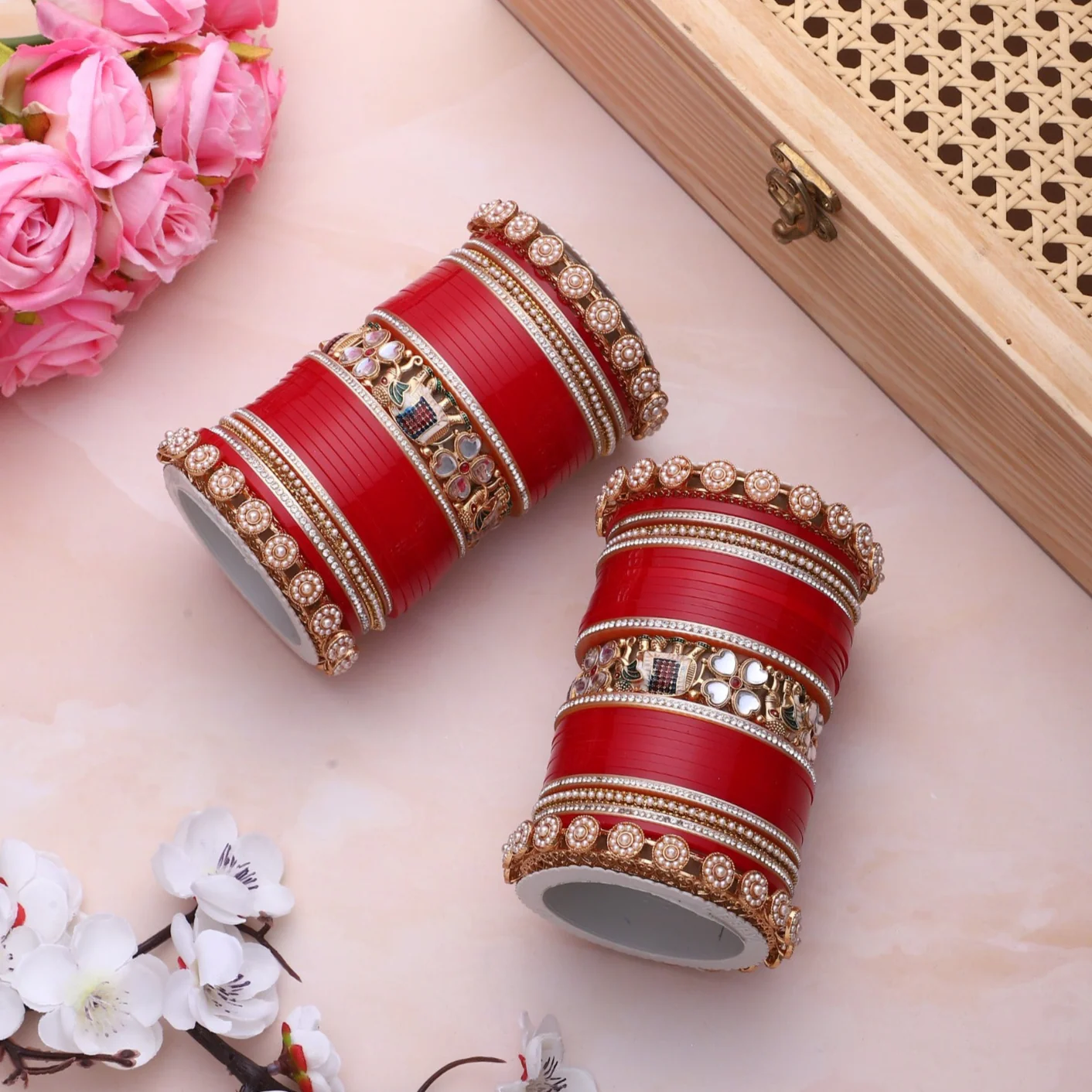 Bridal Chura with Pastel Colours and Kundan Elephant Kada - Image 6