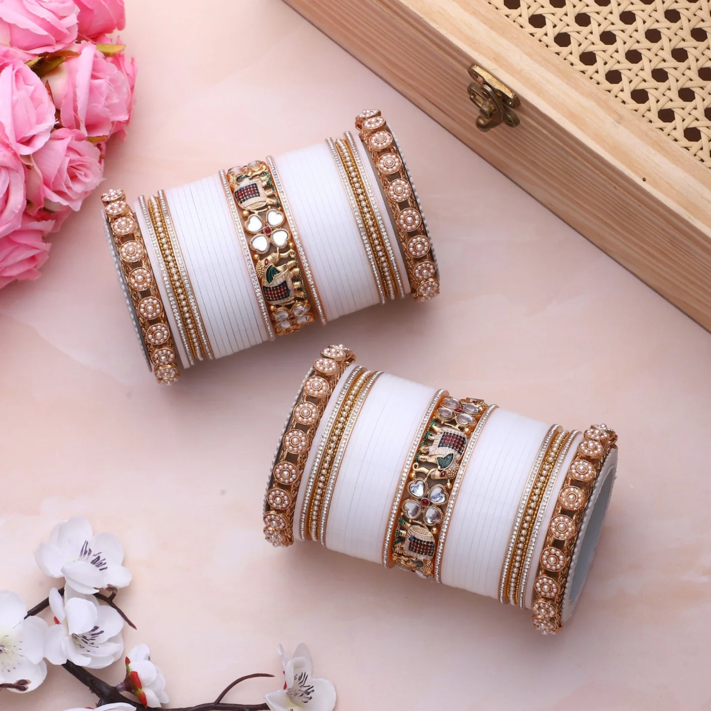 Bridal Chura with Pastel Colours and Kundan Elephant Kada - Image 7