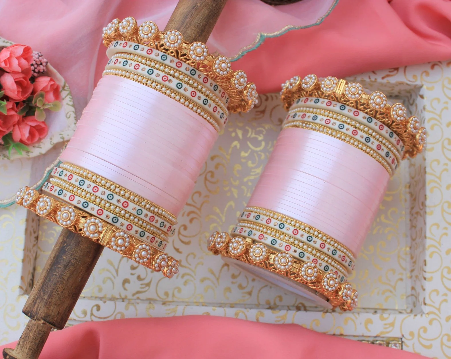 Bridal Chura with Pastel Colours and Pacheli Rajwada Kada - Image 3