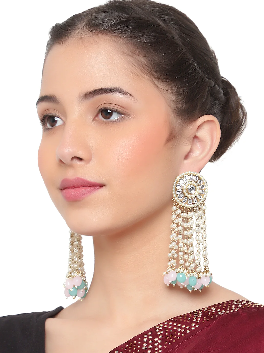 Bridal Kundan Jhumki Earring with hanging beads by Leshya - Image 3