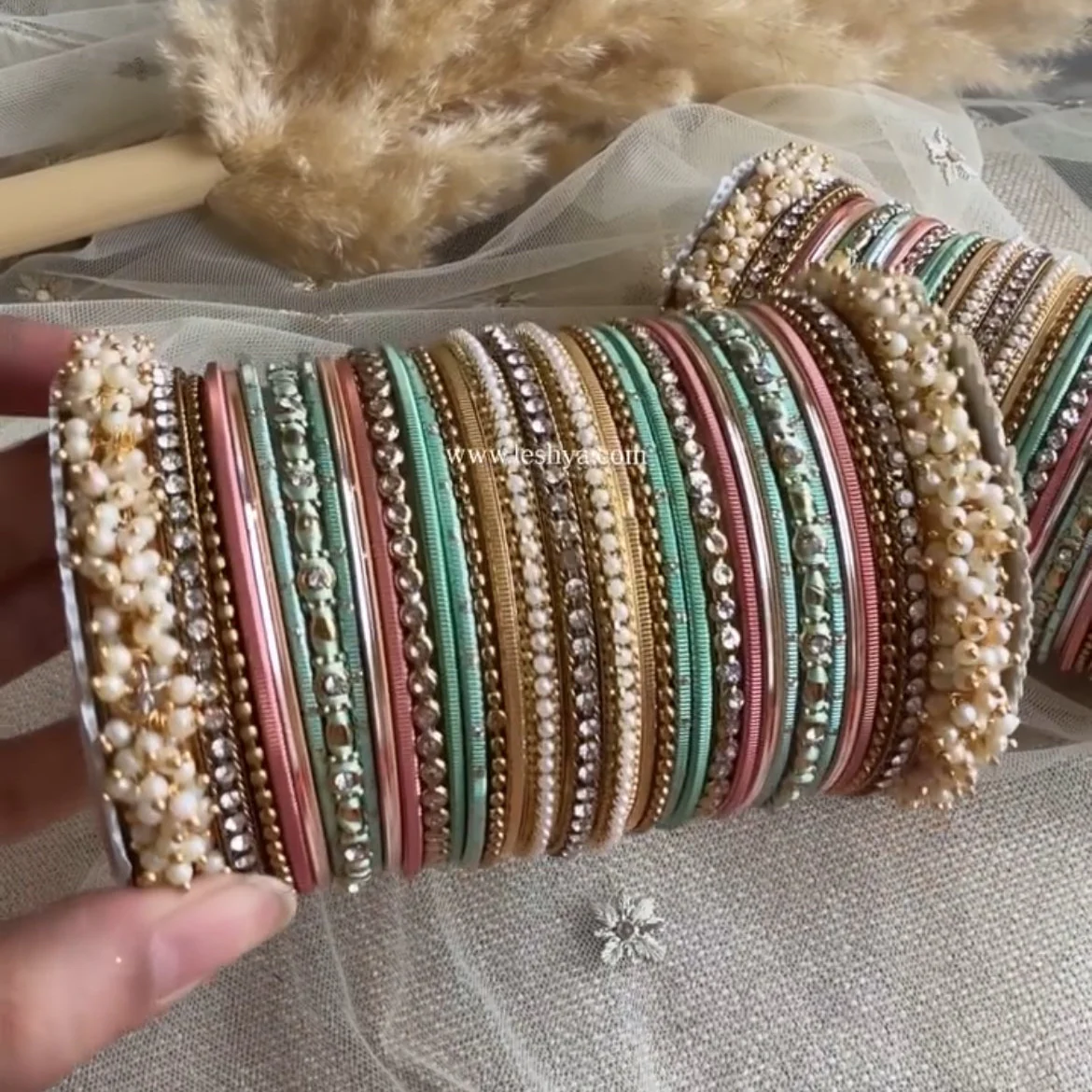Bridal Stone Bangle Set with Gajra and mix colour by Leshya - Image 2