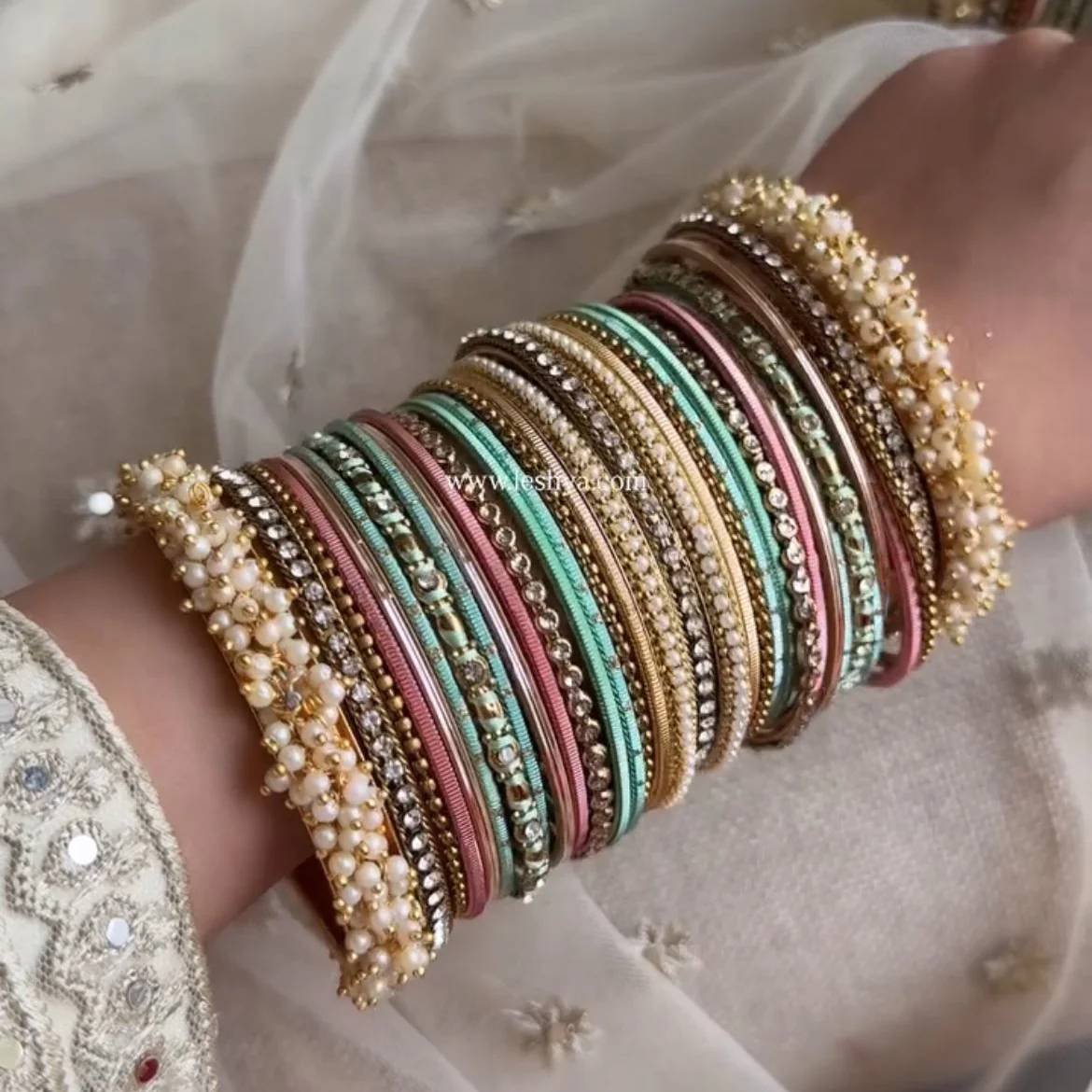 Bridal Stone Bangle Set with Gajra and mix colour by Leshya - Image 3