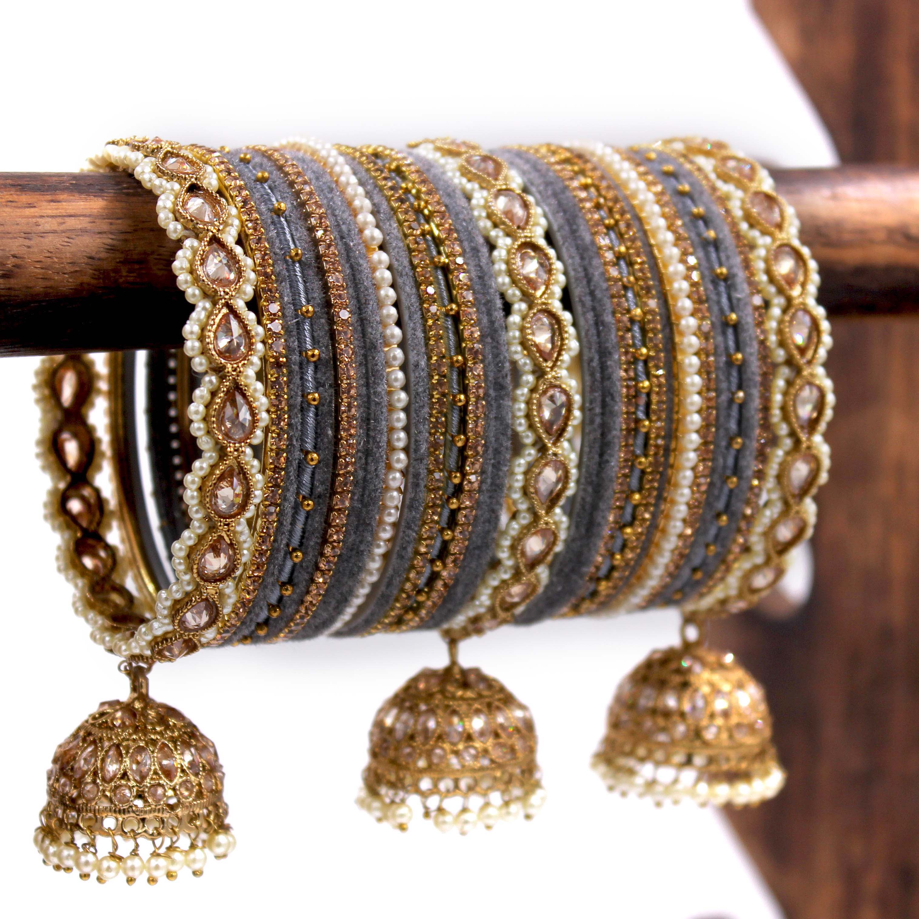 Bridal Tri-Jhumki Bangle Set with Velvet Bangles by Leshya - Image 12