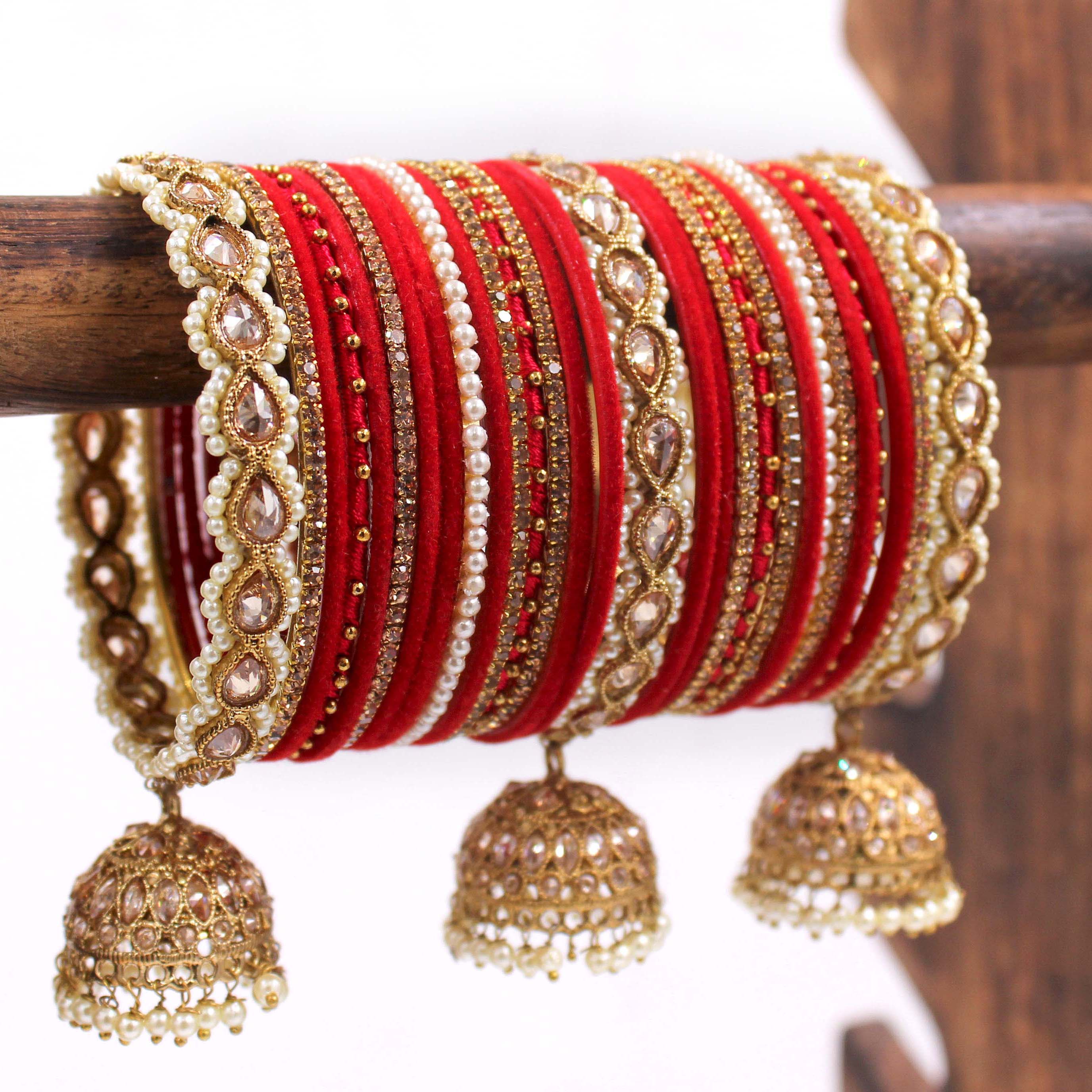 Bridal Tri-Jhumki Bangle Set with Velvet Bangles by Leshya - Image 6