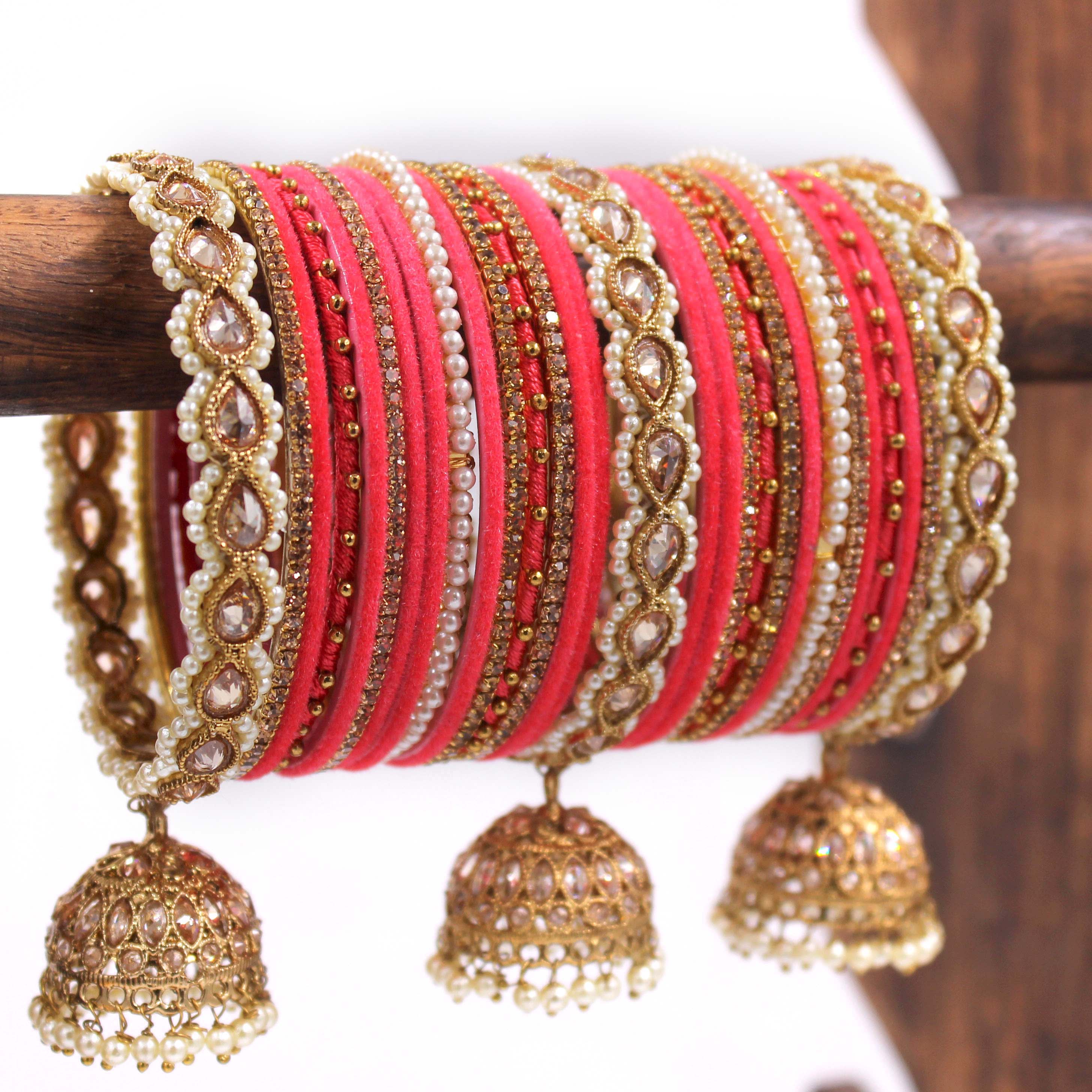 Bridal Tri-Jhumki Bangle Set with Velvet Bangles by Leshya - Image 17