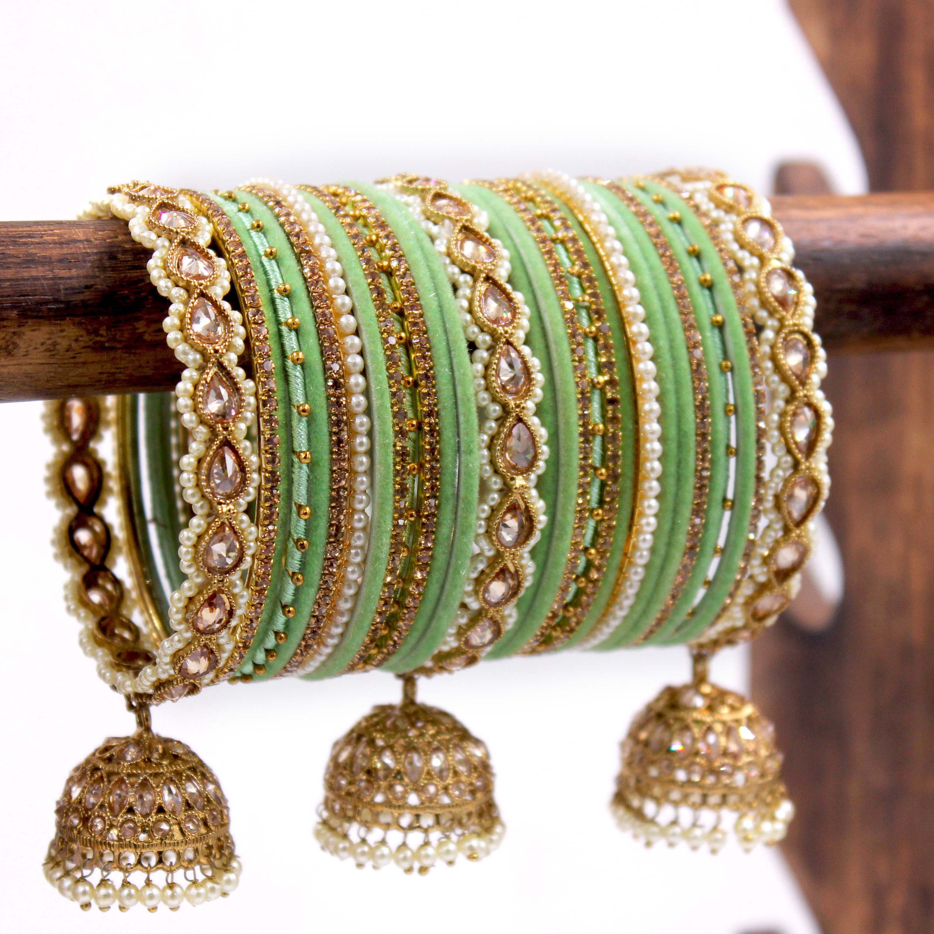 Bridal Tri-Jhumki Bangle Set with Velvet Bangles by Leshya - Image 10