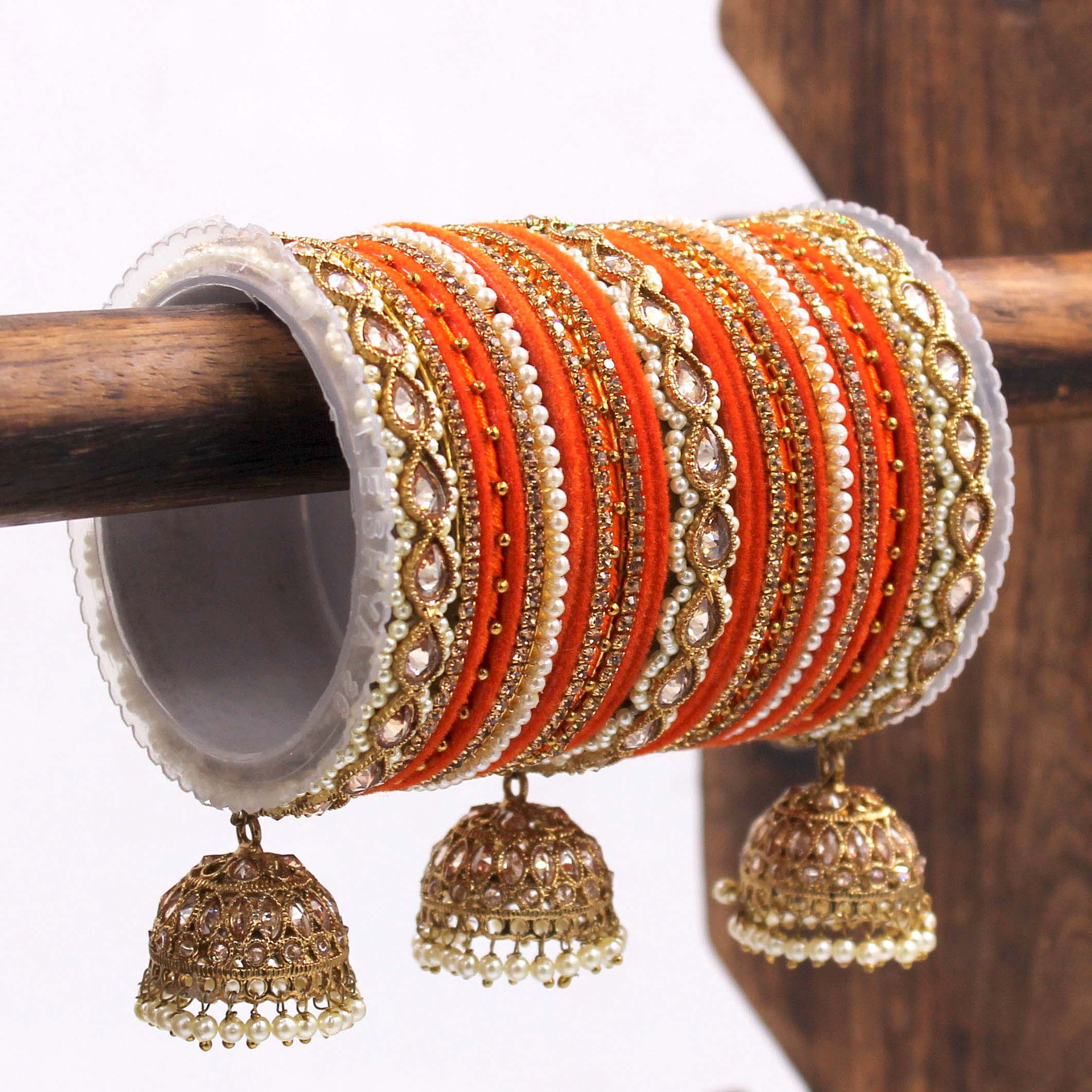 Bridal Tri-Jhumki Bangle Set with Velvet Bangles by Leshya - Image 14