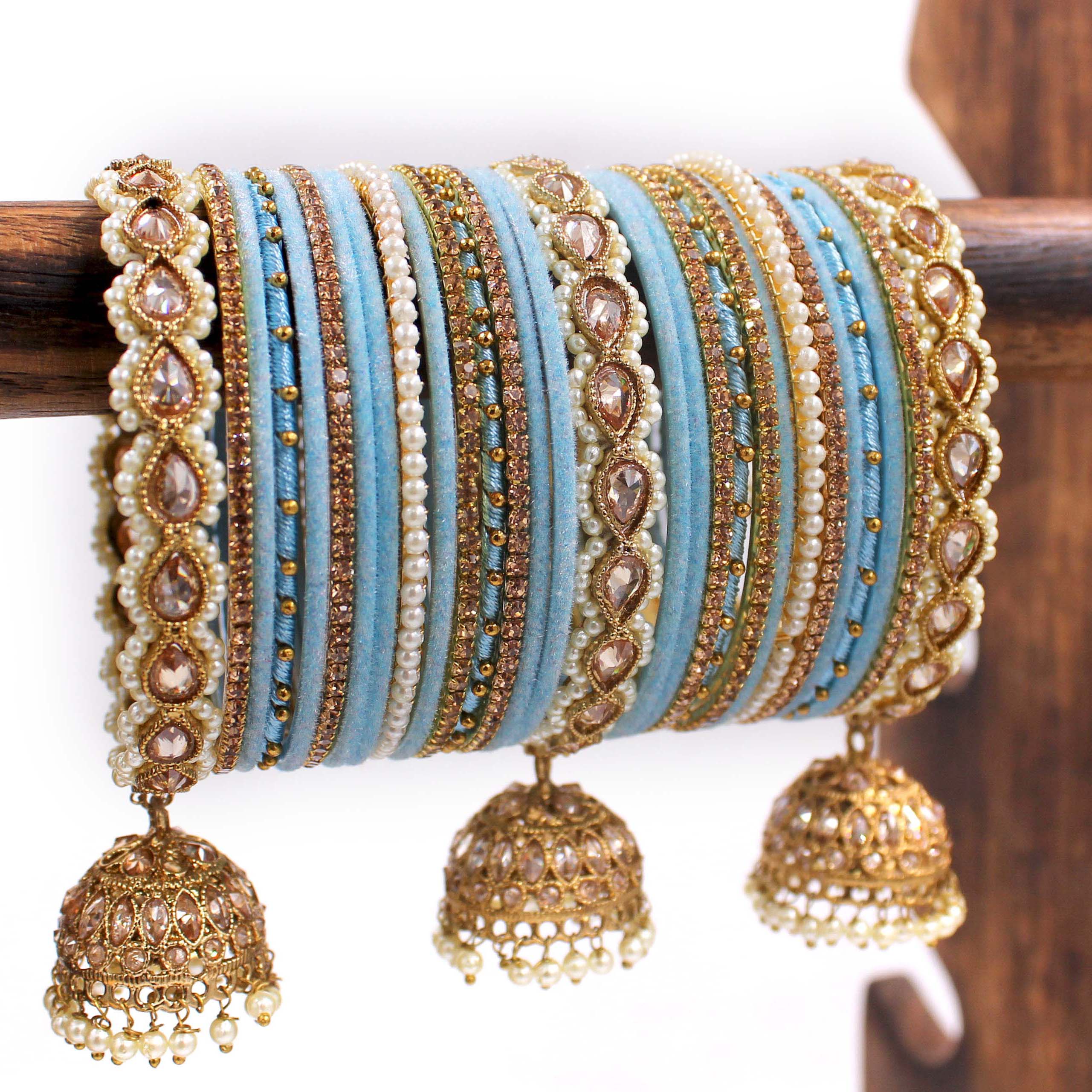 Bridal Tri-Jhumki Bangle Set with Velvet Bangles by Leshya - Image 16