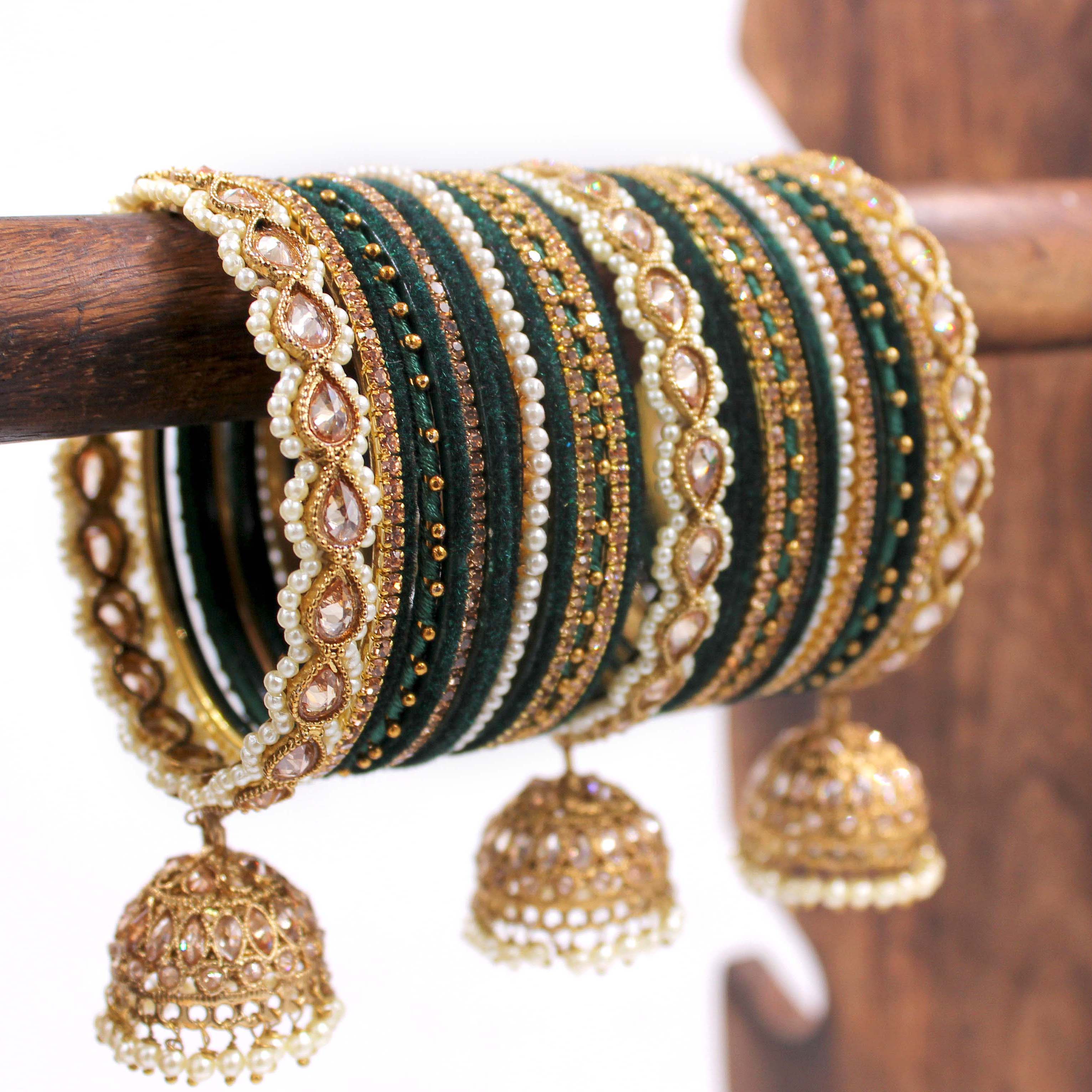 Bridal Tri-Jhumki Bangle Set with Velvet Bangles by Leshya - Image 20