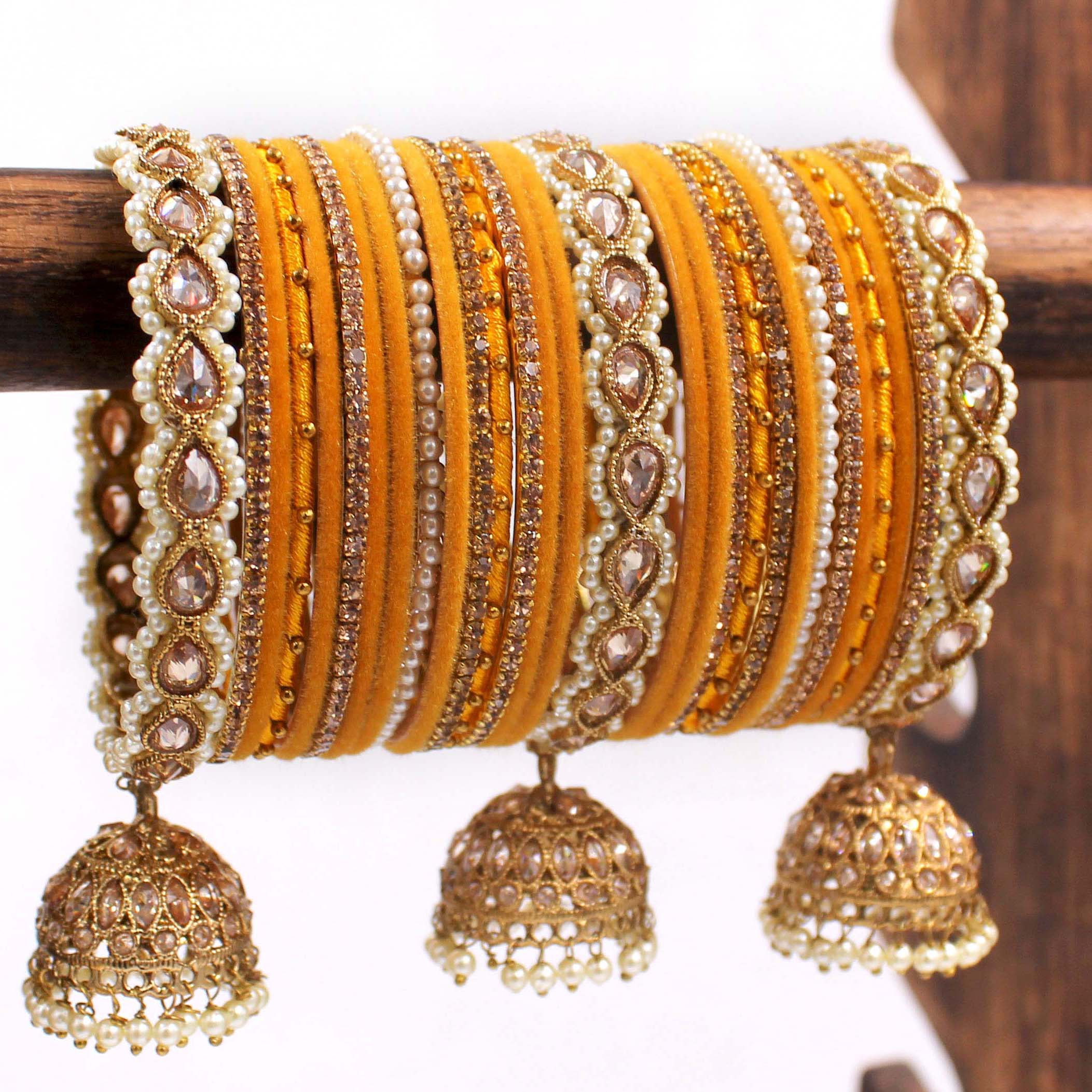 Bridal Tri-Jhumki Bangle Set with Velvet Bangles by Leshya - Image 20