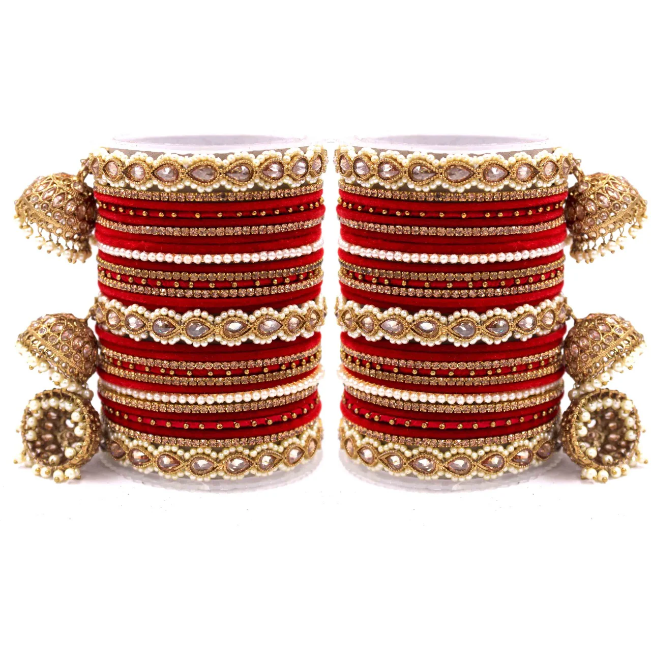 Bridal Tri-Jhumki Bangle Set with Velvet Bangles by Leshya - Image 3
