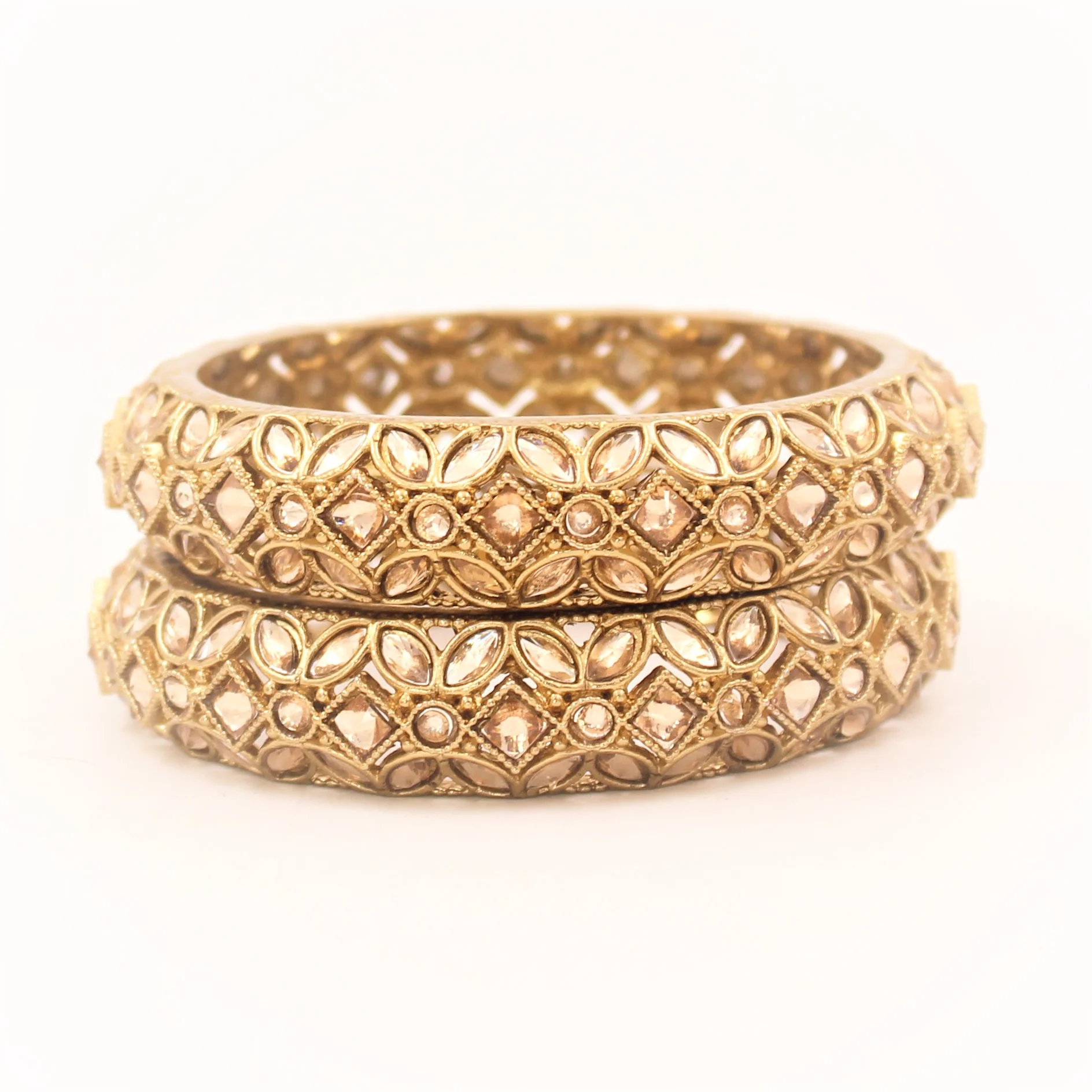 Classic Antique Gold Bracelet Pair with Running Kundan by Leshya (Plus Size) - Image 2