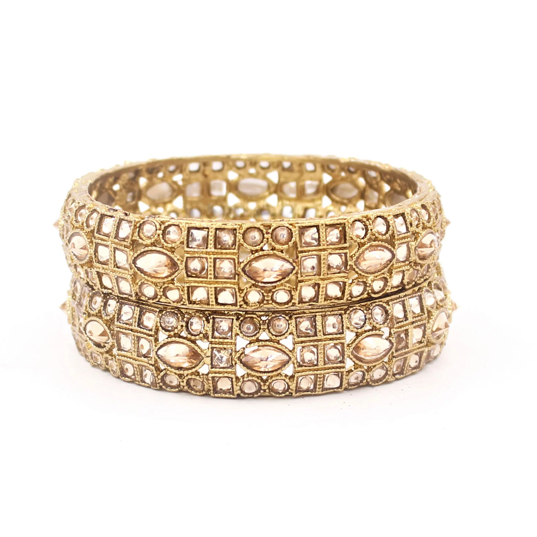 Classic Antique Gold Bracelet Pair with Running Kundan Stones by Leshya (Plus Size) - Image 2