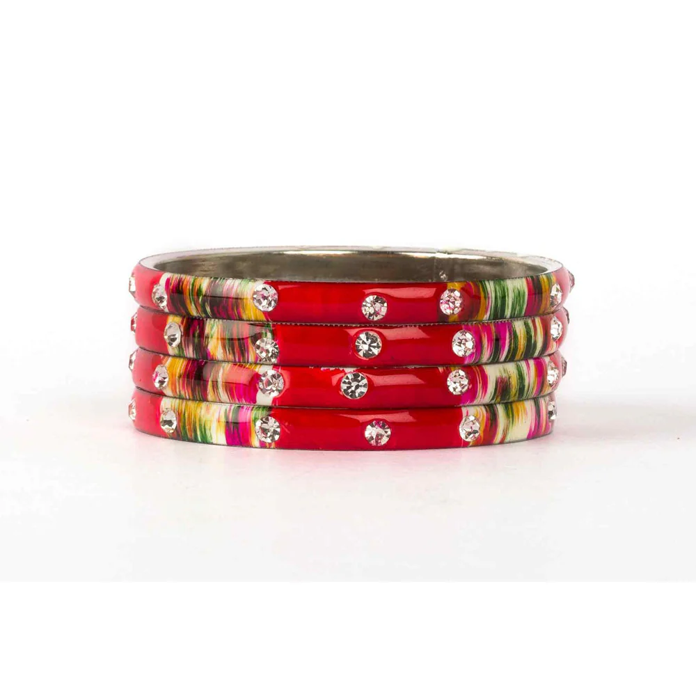 Colored Meenakari Bracelet With Hand Painted Print Design And Running Stones - Image 11