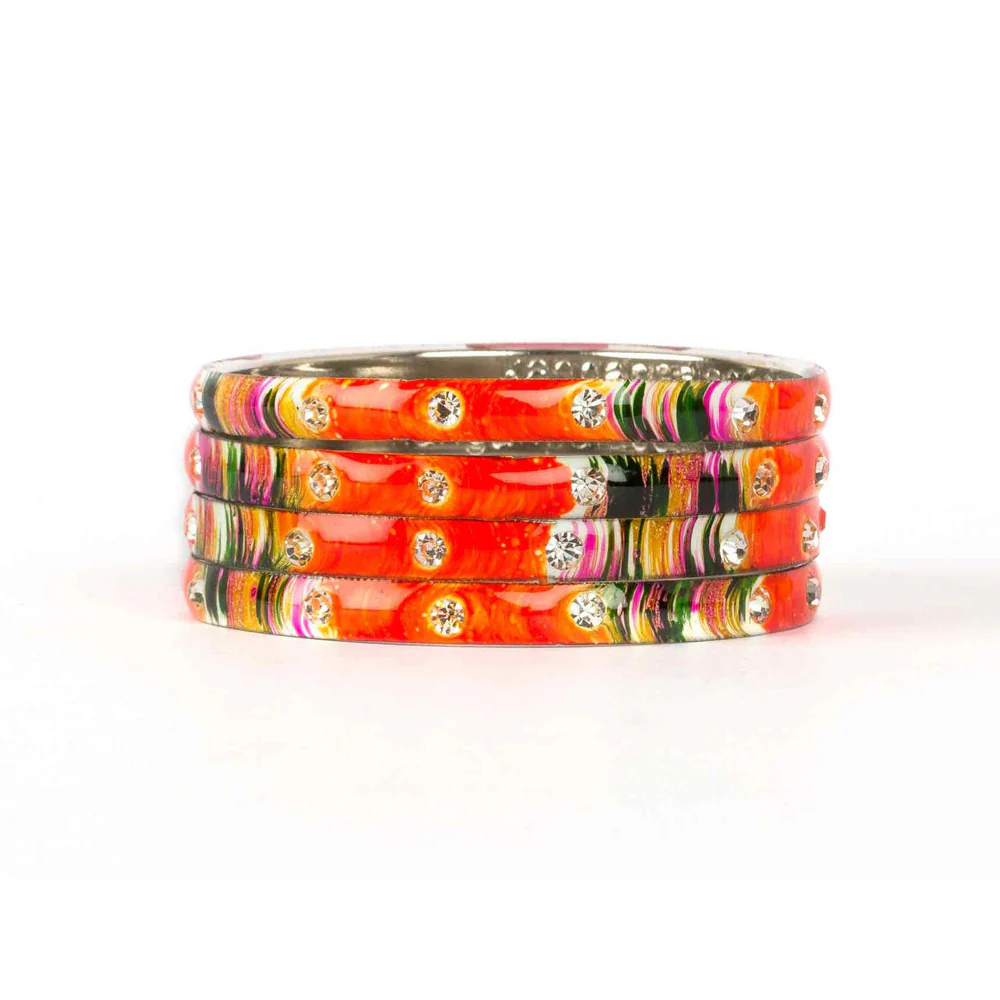 Colored Meenakari Bracelet With Hand Painted Print Design And Running Stones - Image 9