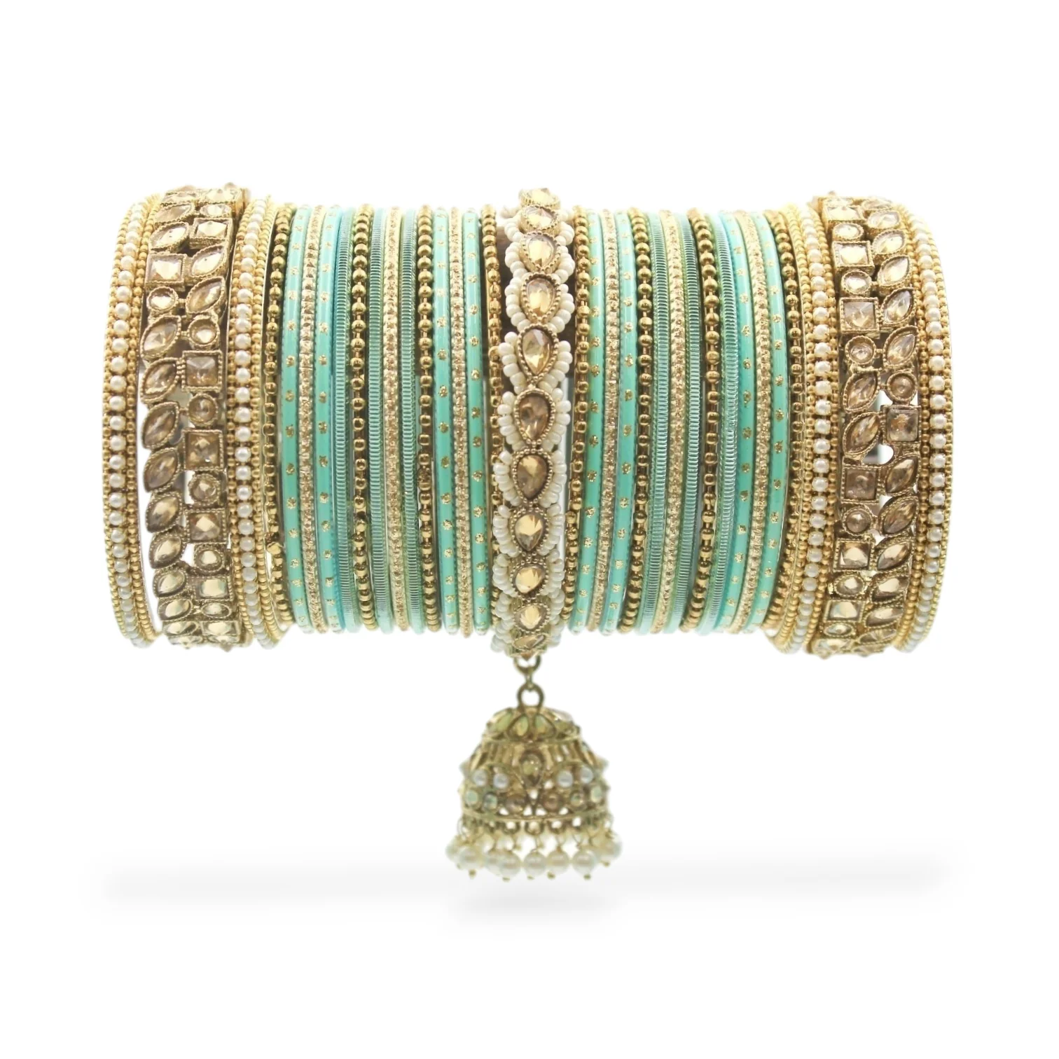 Colourful Jhumki Bangle set with Kundan Border Kada by Leshya - Image 30