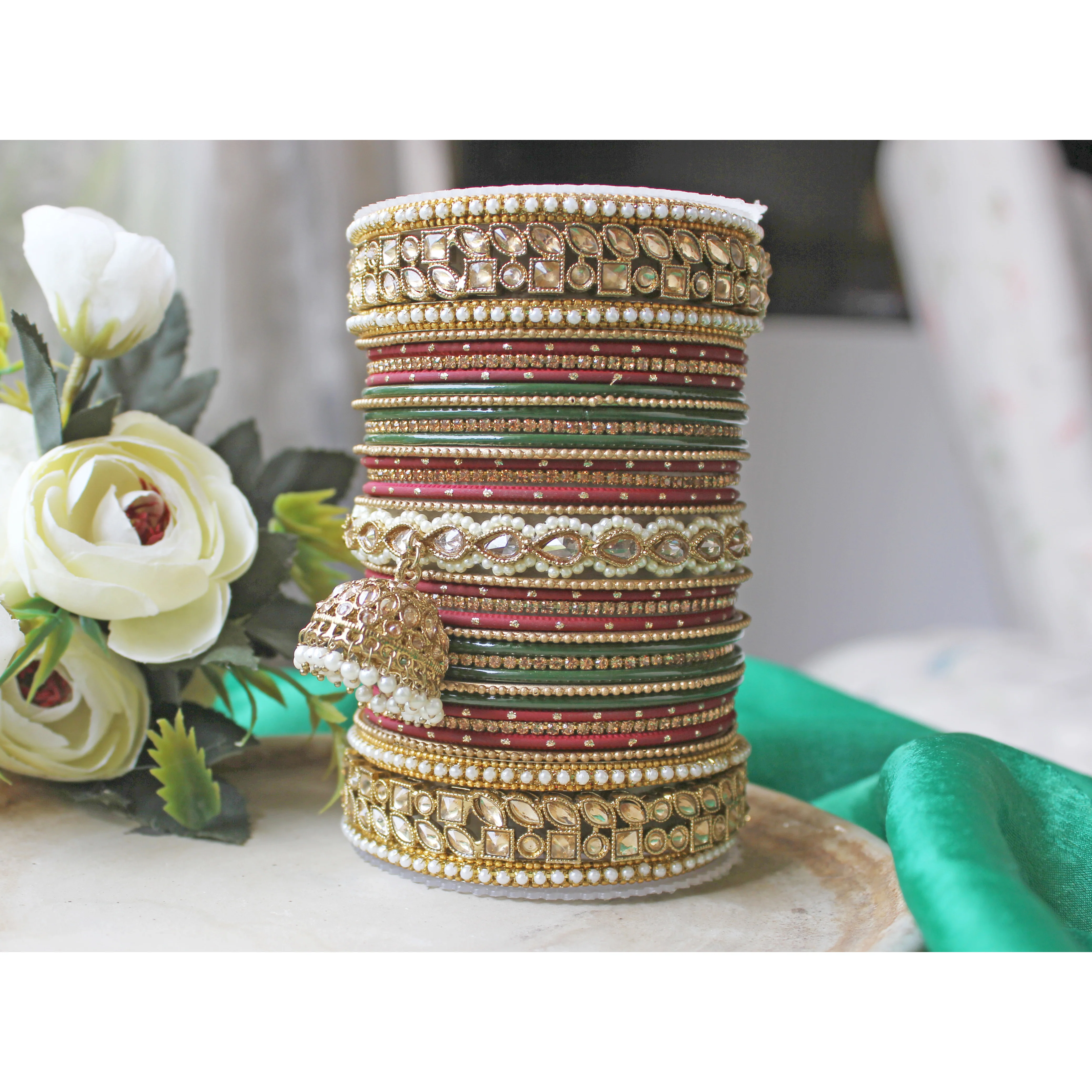 Colourful Jhumki Bangle set with Kundan Border Kada by Leshya - Image 4