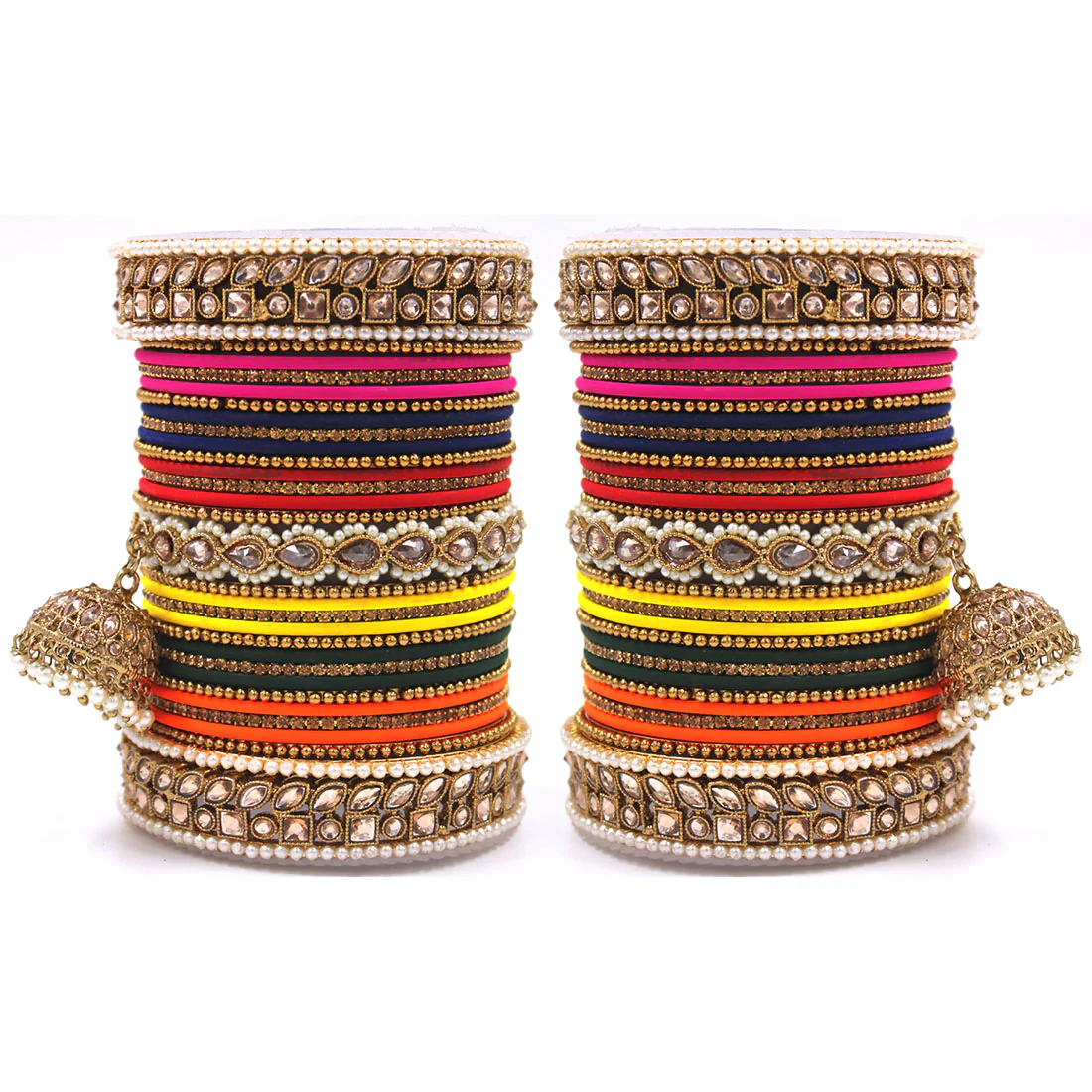 Colourful Jhumki Bangle set with Kundan Border Kada by Leshya - Image 5