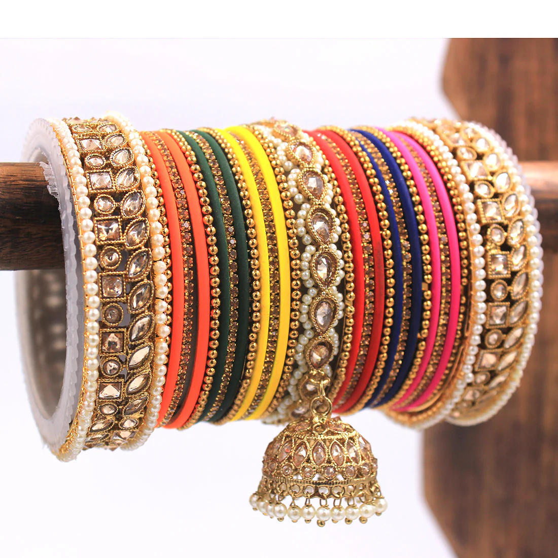 Colourful Jhumki Bangle set with Kundan Border Kada by Leshya - Image 7